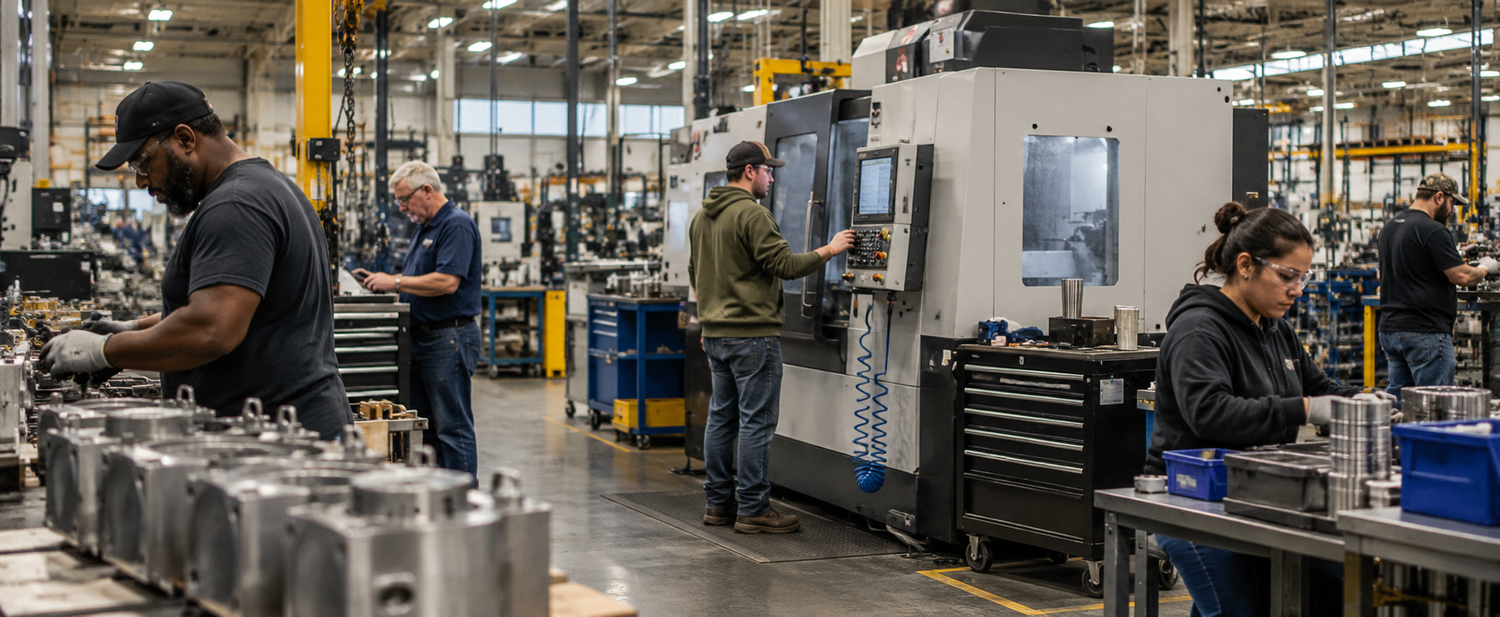 Machinists working with industrial equipment in a manufacturing facility