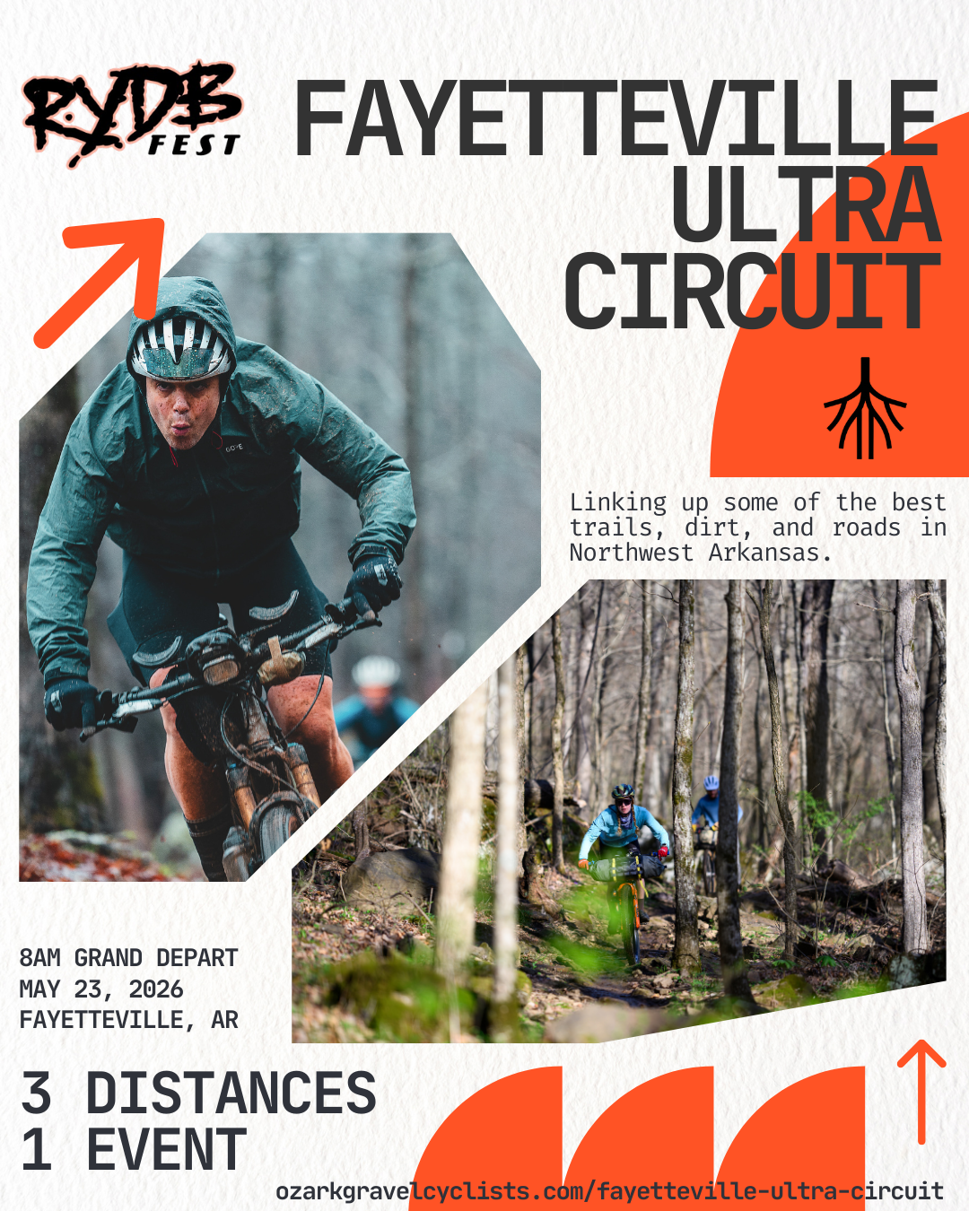 Poster for a mountain biking event called Fayetteville Ultra Circuit at Fayetteville, Arkansas on September 20, 2025, starting at 8 am. Features a photo of a cyclist in a helmet and rain gear riding through a forest trail, with two other cyclists on the trail in the background. The poster includes event details, a logo, and the website ozarkgrave.cyclists.com/fayetteville-ultra-circuit.