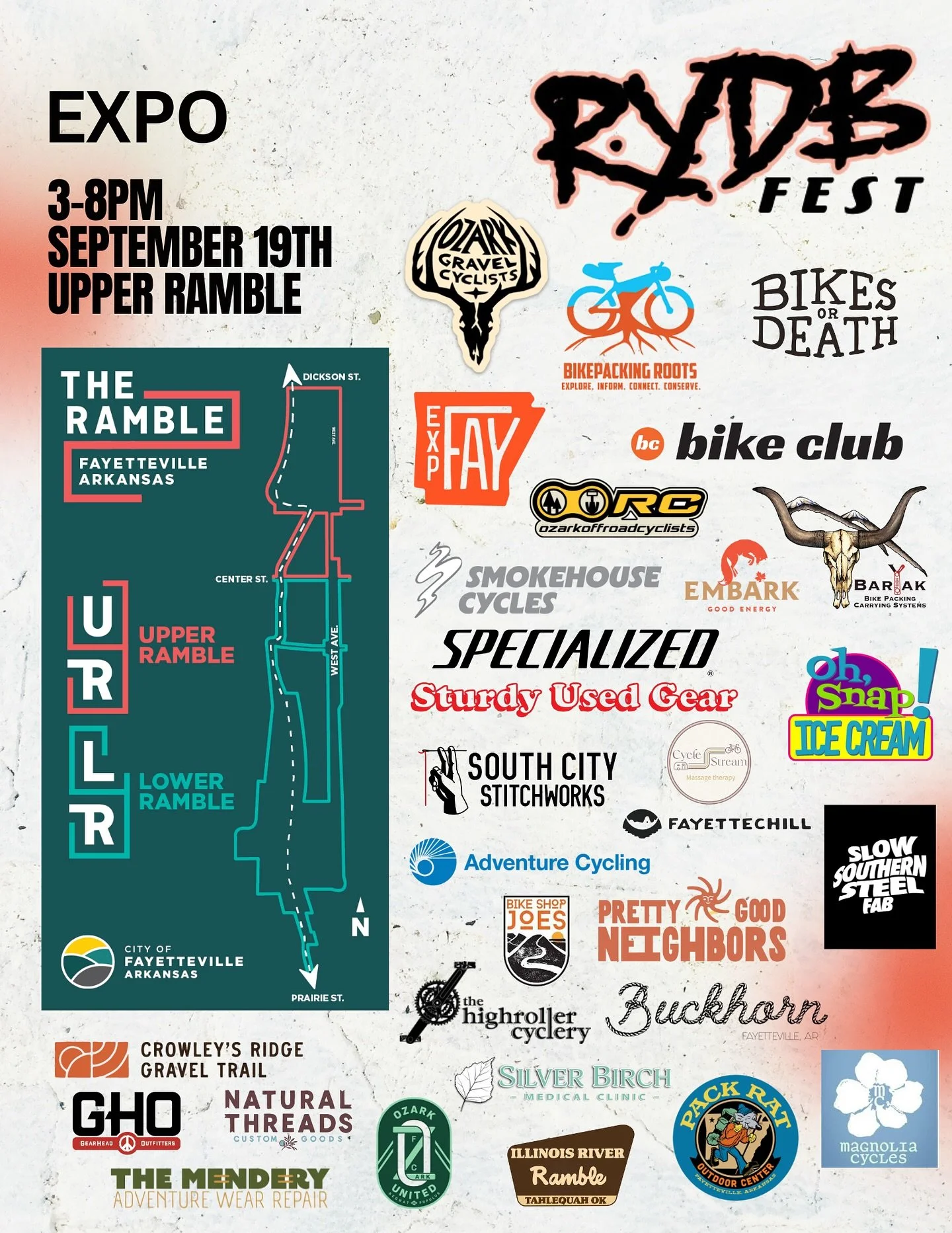 One week out! Ride Your Damn Bike Festival kicks off in Fayetteville with an expo featuring 20+ businesses, hands-on workshops, and on-site check-in for multiple race and ride options. The weekend also serves as a fundraiser for Bikepacking Roots; fu