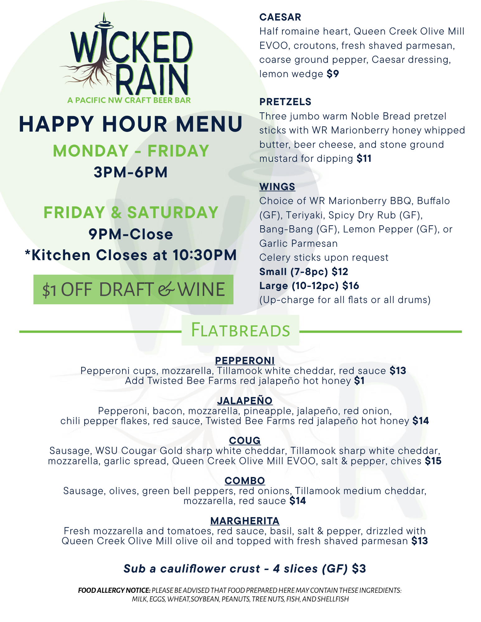 Happy hour menu from Wicked Rain craft beer bar, listing food and drink specials including Caesar salad, pretzels, various flatbreads, and prices.