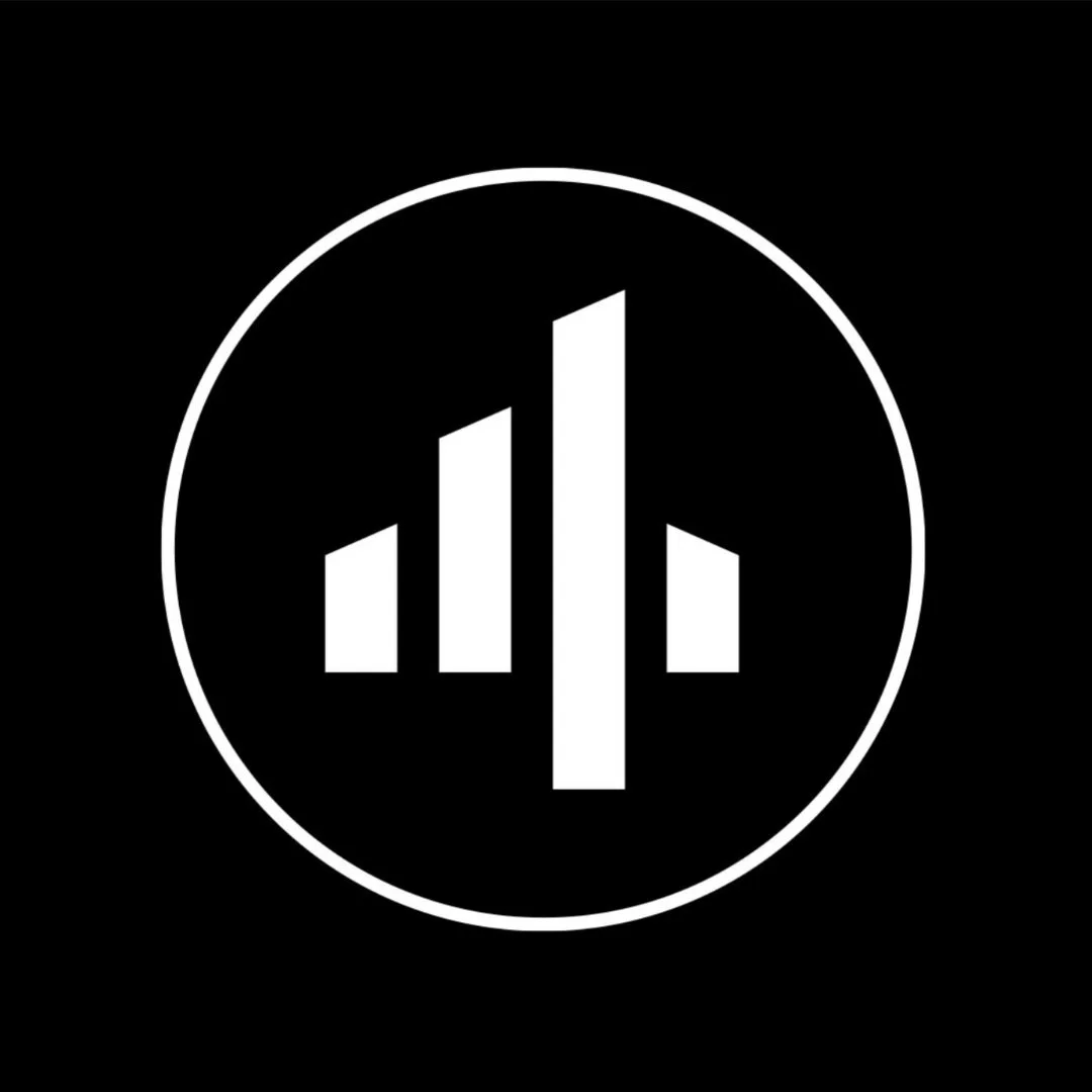 Black background with white circle and a stylized white bar chart or signal strength icon inside.