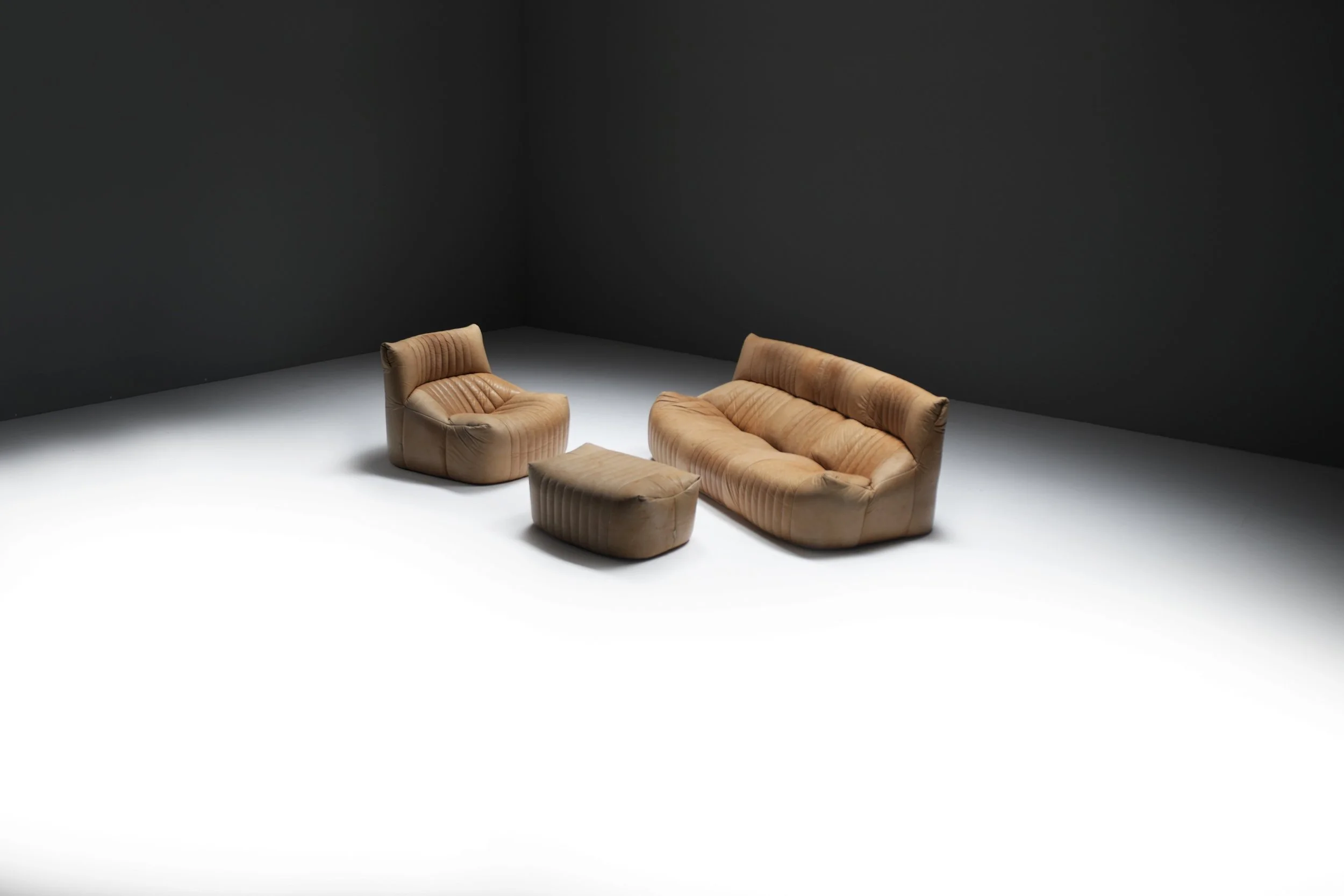 Aralia Kashima sofa set 3 1 poof fireside vintage cognac beige natural leather michel ducaroy ligne roset france vintage design furniture togo aera lab aeralab albrecht lounge togo yoko 1stdibs 0102.jpg