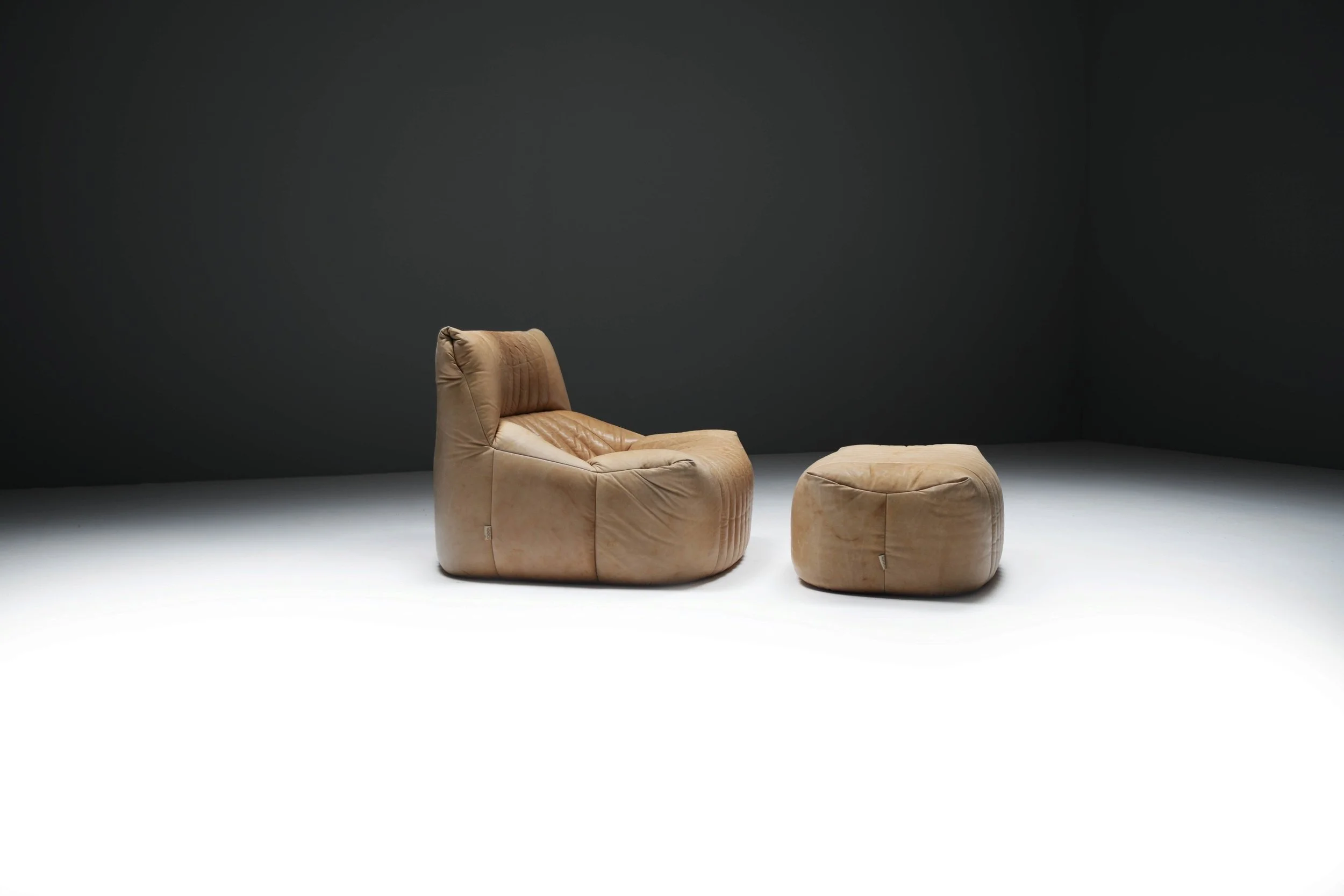 Aralia Kashima sofa set 3 1 poof fireside vintage cognac beige natural leather michel ducaroy ligne roset france vintage design furniture togo aera lab aeralab albrecht lounge togo yoko 1stdibs 0002.jpg