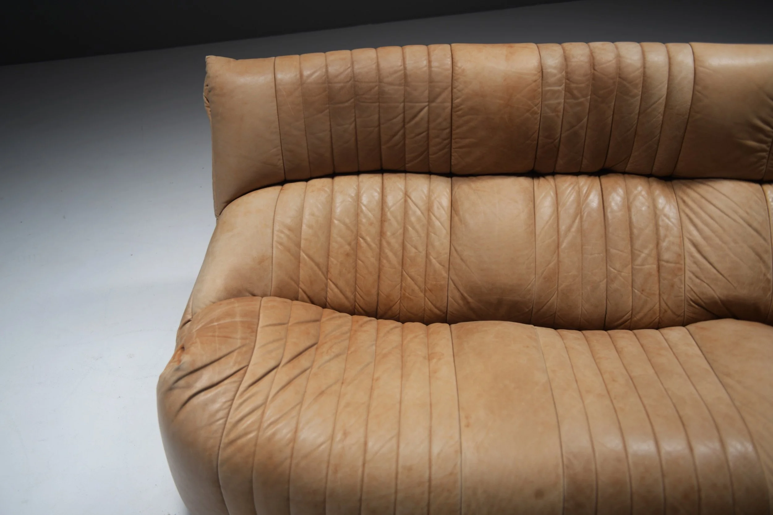 Aralia Kashima sofa set 3 1 poof fireside vintage cognac beige natural leather michel ducaroy ligne roset france vintage design furniture togo aera lab aeralab albrecht lounge togo yoko 1stdibs 0011.jpg