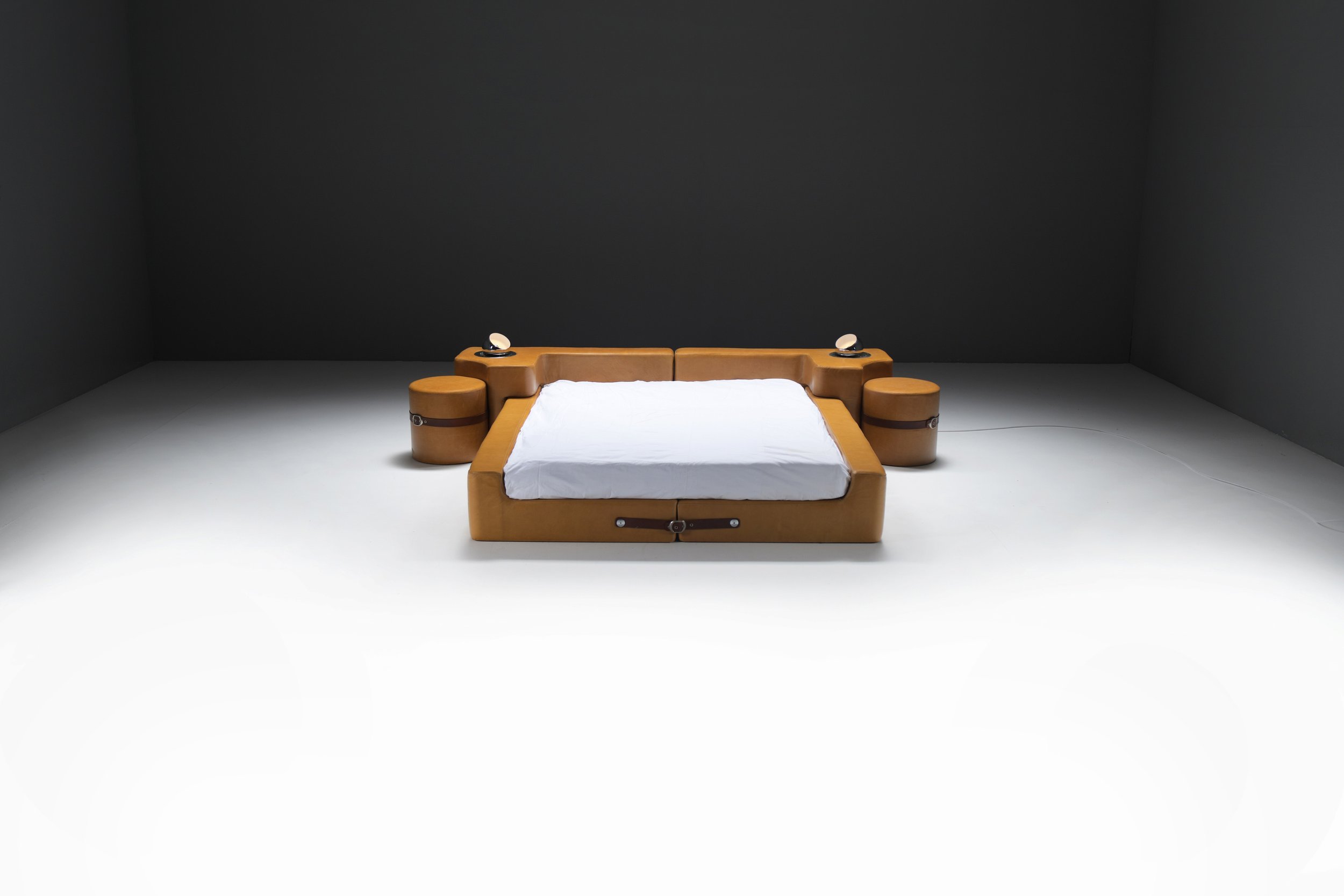 1 Guido Faleschini Mariani Set Queen Bed Nightstands Stools Leather cognac brown vintage italy aera lab aeralab 1stdibs design furniture albrecht.jpg