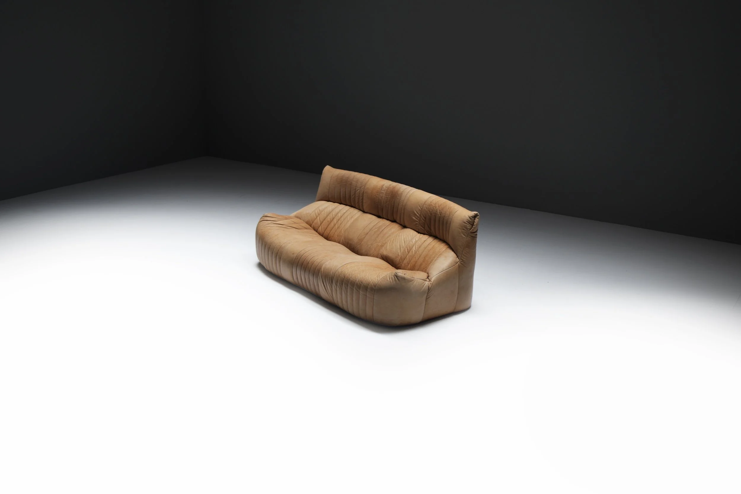 Aralia Kashima sofa set 3 1 poof fireside vintage cognac beige natural leather michel ducaroy ligne roset france vintage design furniture togo aera lab aeralab albrecht lounge togo yoko 1stdibs 0105.jpg