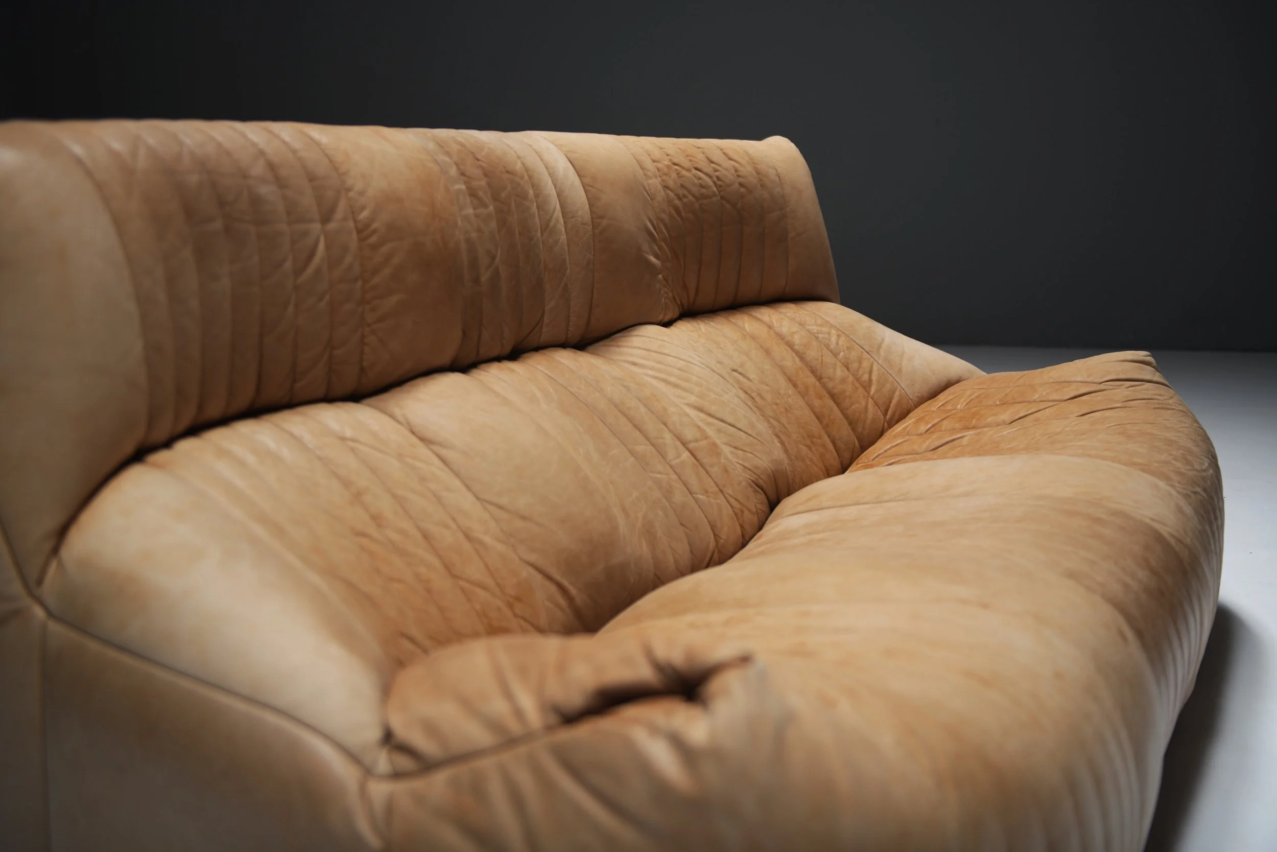 Aralia Kashima sofa set 3 1 poof fireside vintage cognac beige natural leather michel ducaroy ligne roset france vintage design furniture togo aera lab aeralab albrecht lounge togo yoko 1stdibs 0006.jpg