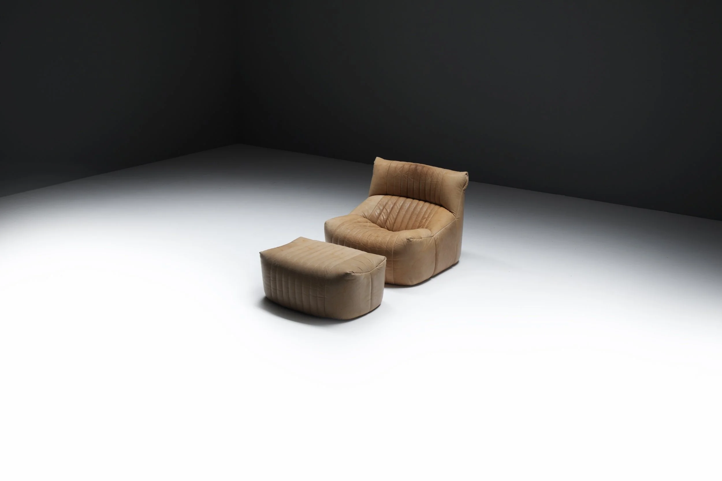 Aralia Kashima sofa set 3 1 poof fireside vintage cognac beige natural leather michel ducaroy ligne roset france vintage design furniture togo aera lab aeralab albrecht lounge togo yoko 1stdibs 0006.jpg