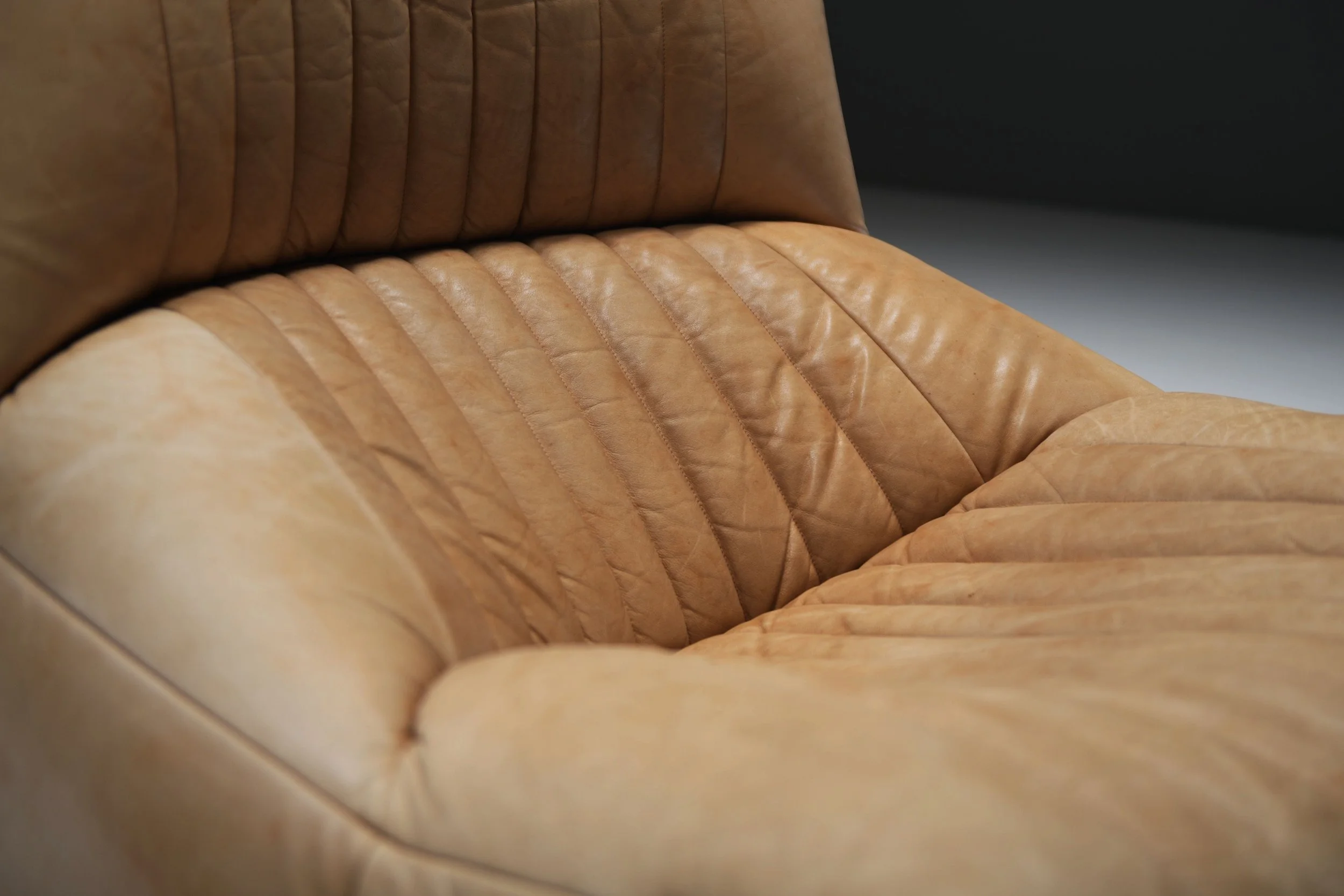 Aralia Kashima sofa set 3 1 poof fireside vintage cognac beige natural leather michel ducaroy ligne roset france vintage design furniture togo aera lab aeralab albrecht lounge togo yoko 1stdibs 0010.jpg