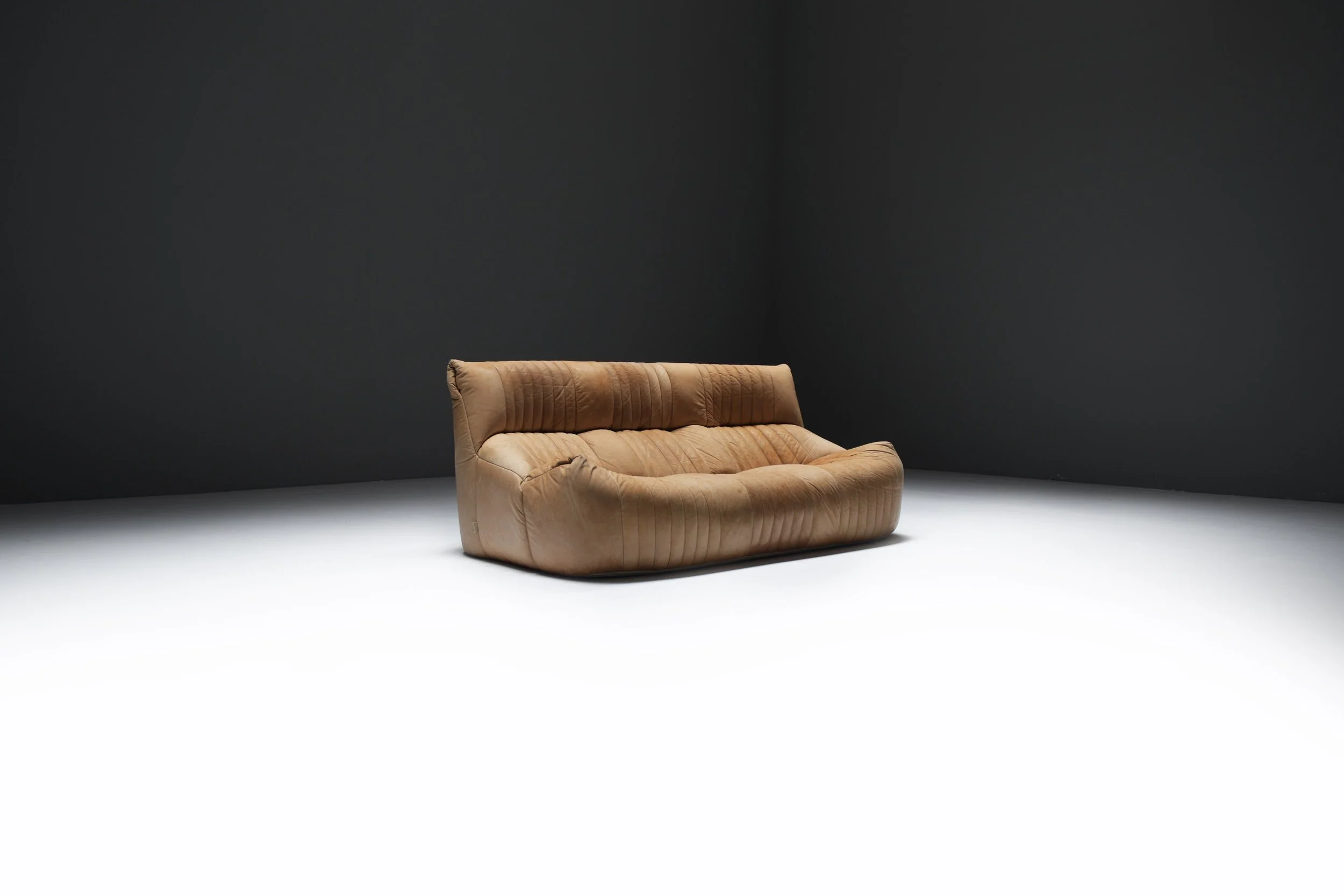 Aralia Kashima sofa set 3 1 poof fireside vintage cognac beige natural leather michel ducaroy ligne roset france vintage design furniture togo aera lab aeralab albrecht lounge togo yoko 1stdibs 0003.jpg