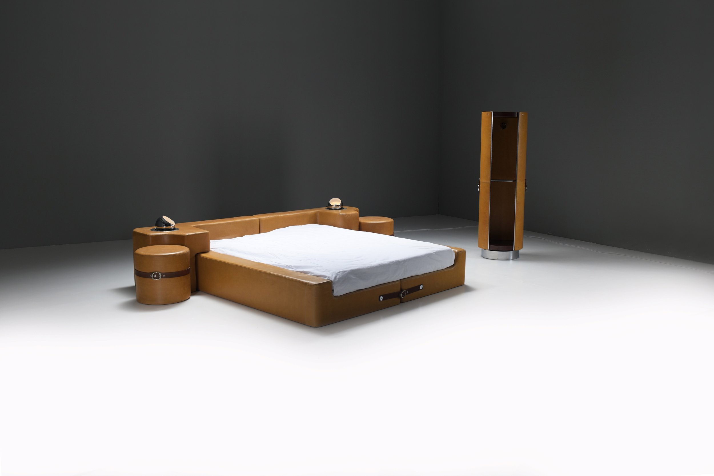 9 Guido Faleschini Mariani Set Queen Bed Nightstands Stools Leather cognac brown vintage italy aera lab aeralab 1stdibs design furniture albrecht.jpg