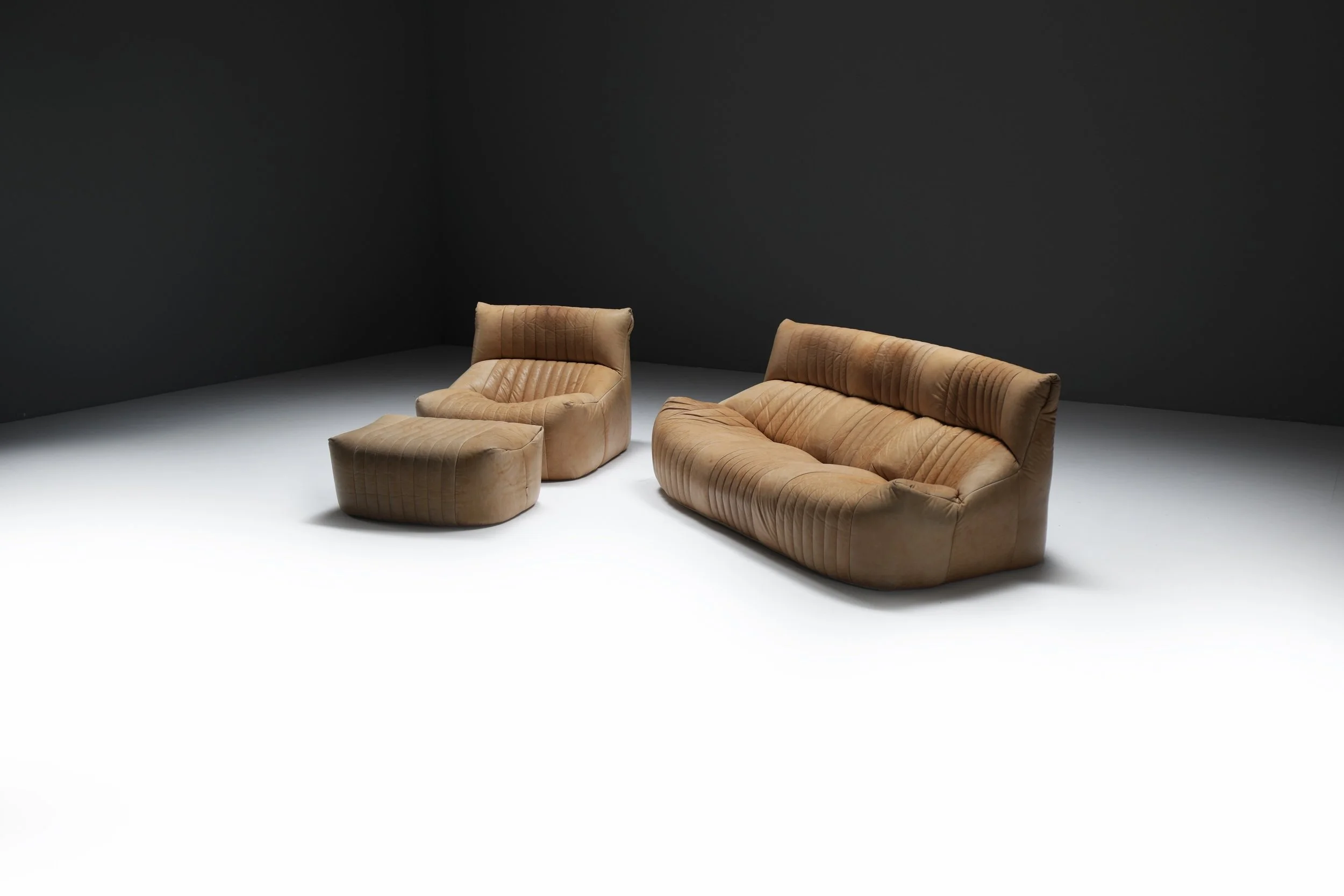 Aralia Kashima sofa set 3 1 poof fireside vintage cognac beige natural leather michel ducaroy ligne roset france vintage design furniture togo aera lab aeralab albrecht lounge togo yoko 1stdibs 0101.jpg