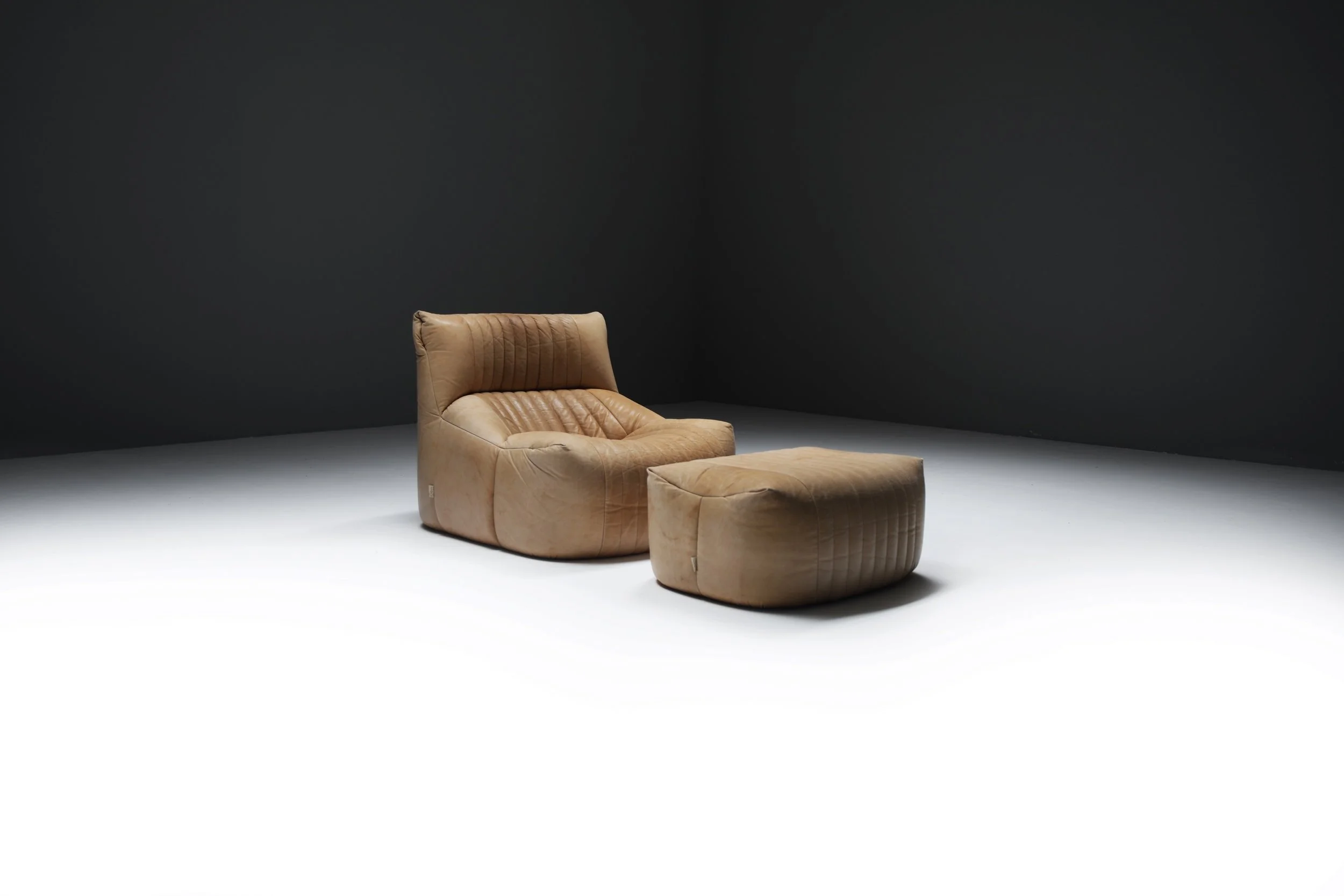 Aralia Kashima sofa set 3 1 poof fireside vintage cognac beige natural leather michel ducaroy ligne roset france vintage design furniture togo aera lab aeralab albrecht lounge togo yoko 1stdibs 0004.jpg