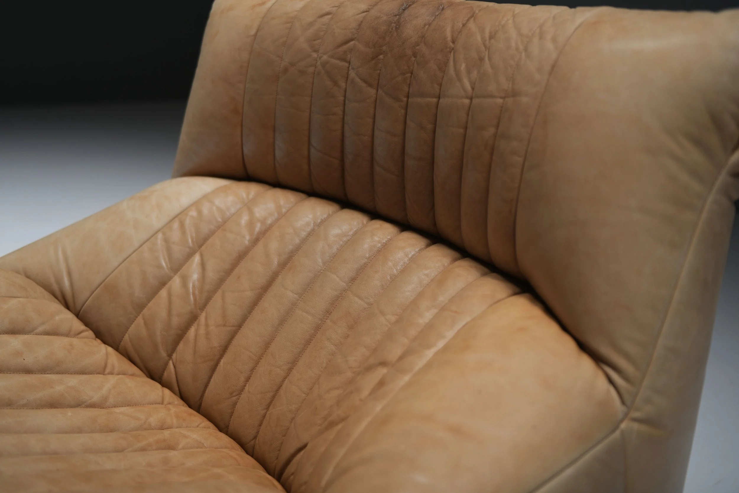 Aralia Kashima sofa set 3 1 poof fireside vintage cognac beige natural leather michel ducaroy ligne roset france vintage design furniture togo aera lab aeralab albrecht lounge togo yoko 1stdibs 0017.jpg