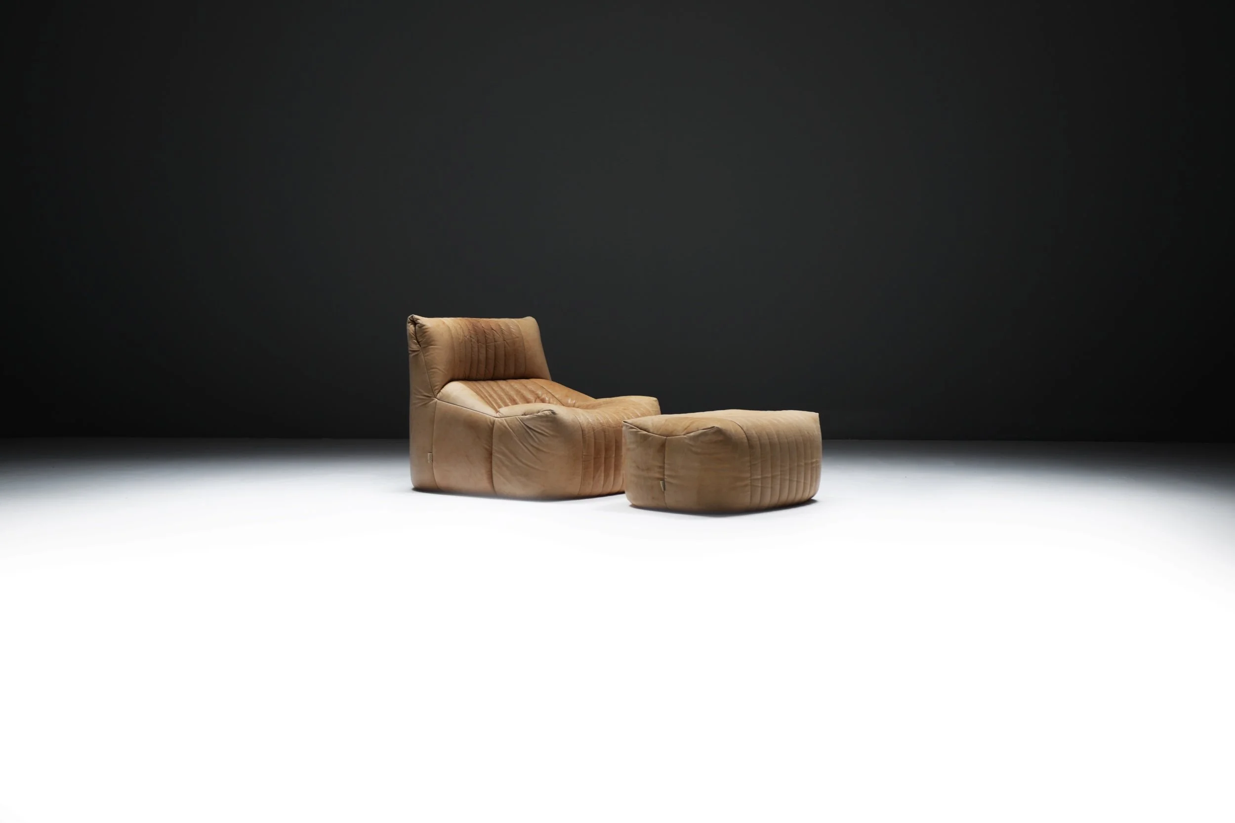 Aralia Kashima sofa set 3 1 poof fireside vintage cognac beige natural leather michel ducaroy ligne roset france vintage design furniture togo aera lab aeralab albrecht lounge togo yoko 1stdibs 0001.jpg