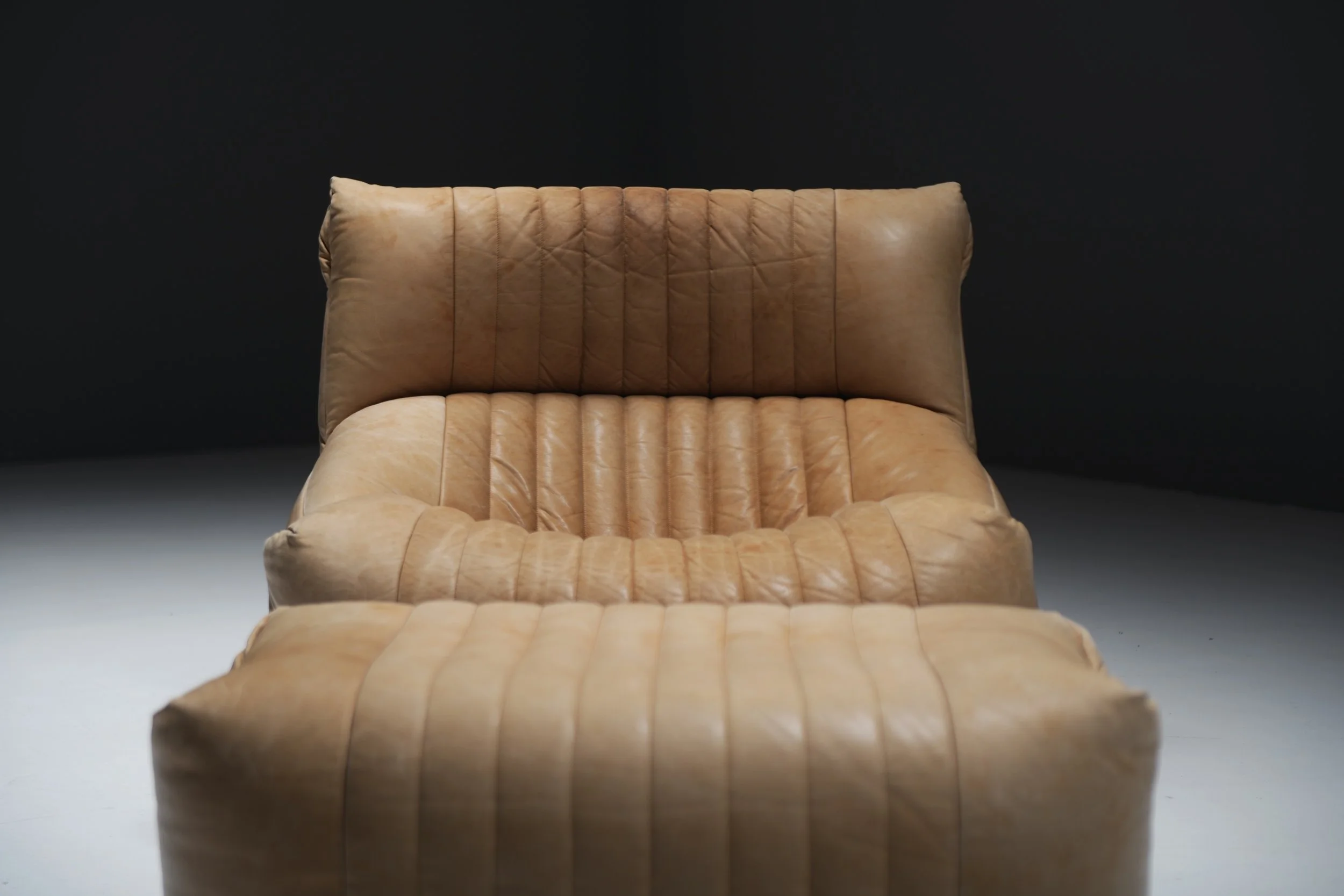 Aralia Kashima sofa set 3 1 poof fireside vintage cognac beige natural leather michel ducaroy ligne roset france vintage design furniture togo aera lab aeralab albrecht lounge togo yoko 1stdibs 0003.jpg