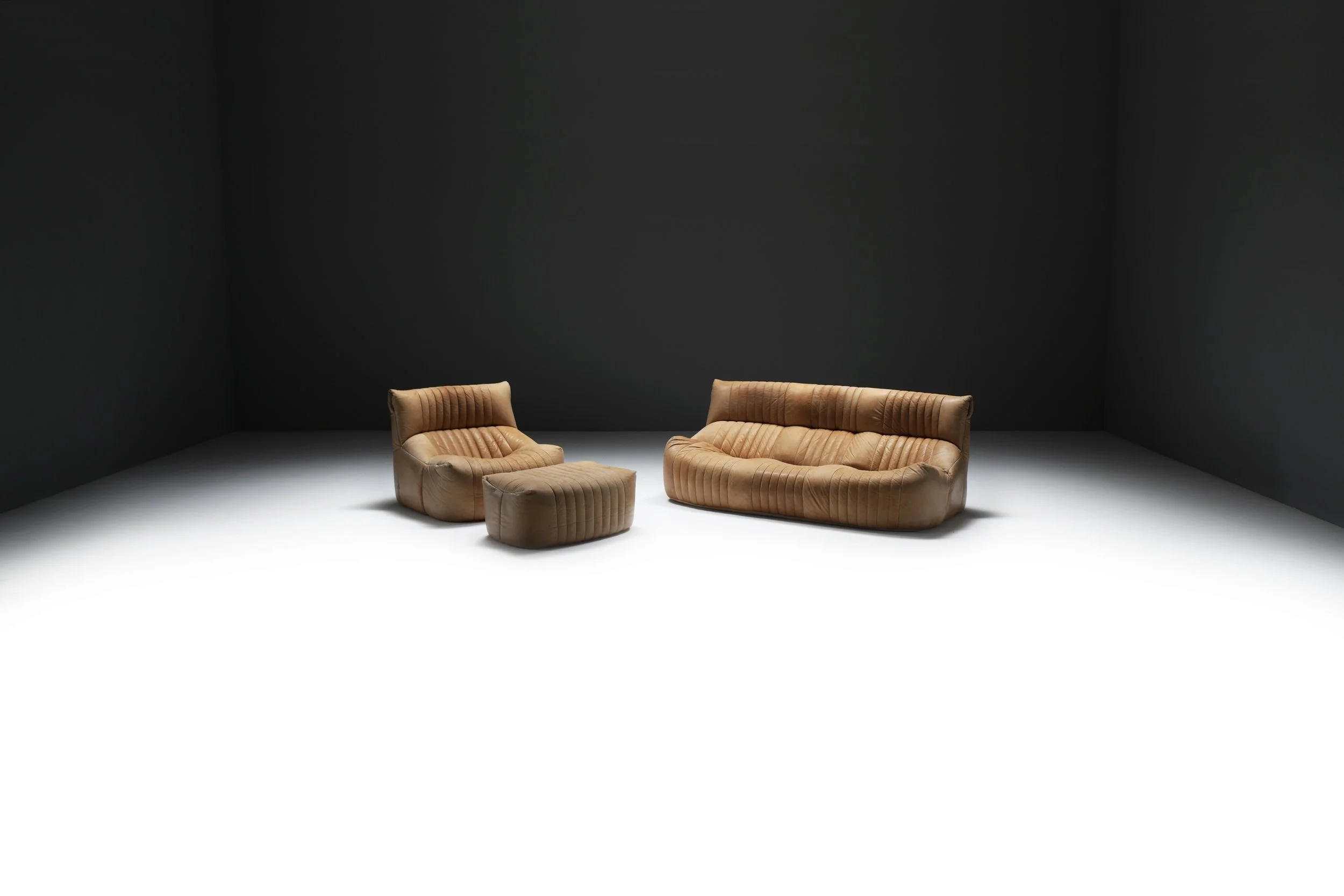 Aralia Kashima sofa set 3 1 poof fireside vintage cognac beige natural leather michel ducaroy ligne roset france vintage design furniture togo aera lab aeralab albrecht lounge togo yoko 1stdibs 0100.jpg