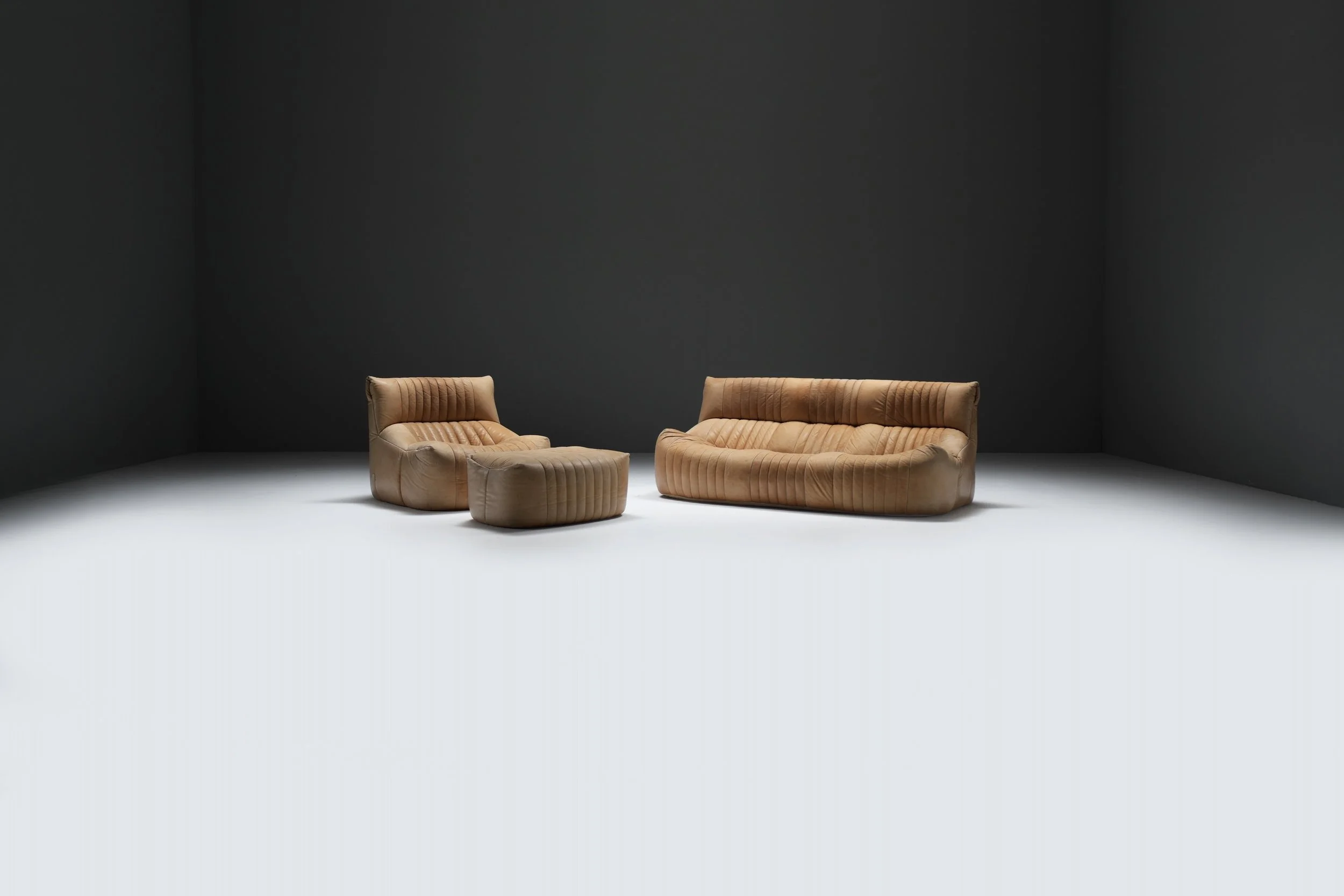 Aralia Kashima sofa set 3 1 poof fireside vintage cognac beige natural leather michel ducaroy ligne roset france vintage design furniture togo aera lab aeralab albrecht lounge togo yoko 1stdibs 0103.jpg