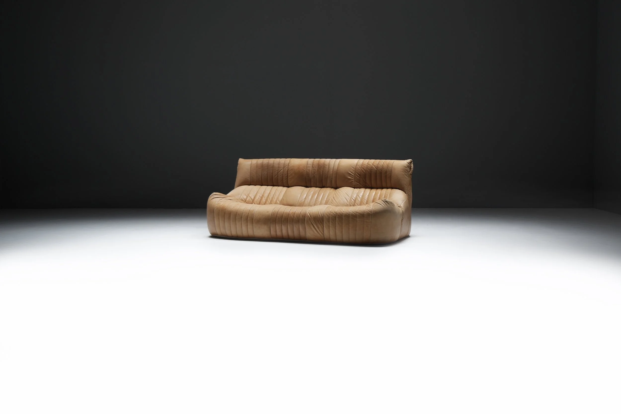 Aralia Kashima sofa set 3 1 poof fireside vintage cognac beige natural leather michel ducaroy ligne roset france vintage design furniture togo aera lab aeralab albrecht lounge togo yoko 1stdibs 0005.jpg