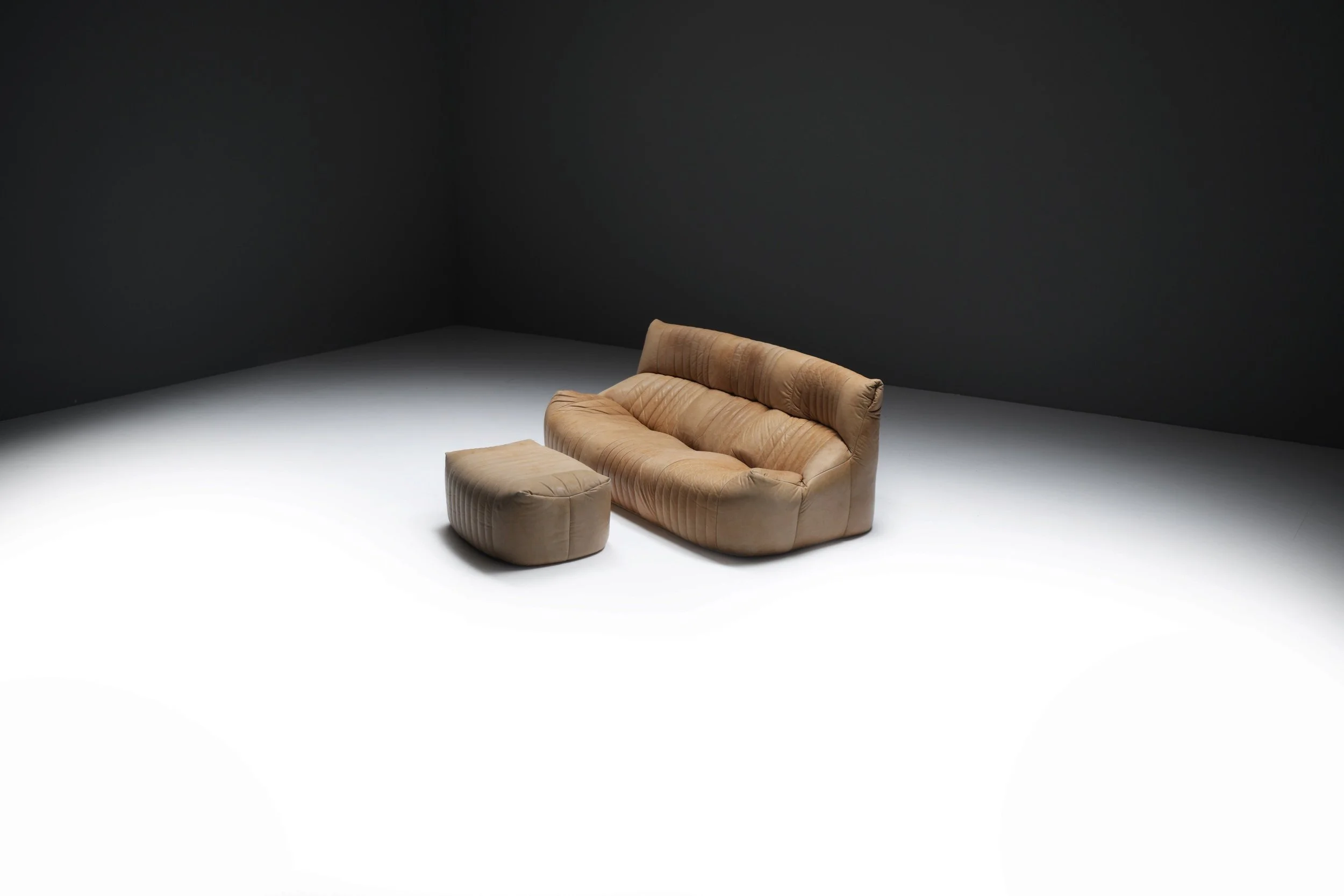Aralia Kashima sofa set 3 1 poof fireside vintage cognac beige natural leather michel ducaroy ligne roset france vintage design furniture togo aera lab aeralab albrecht lounge togo yoko 1stdibs 0002.jpg