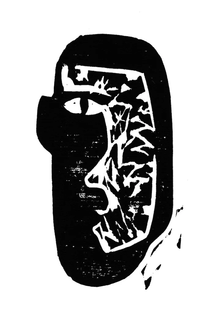 A black and white abstract illustration of a face, with sharp lines and shapes creating a stylized profile view.