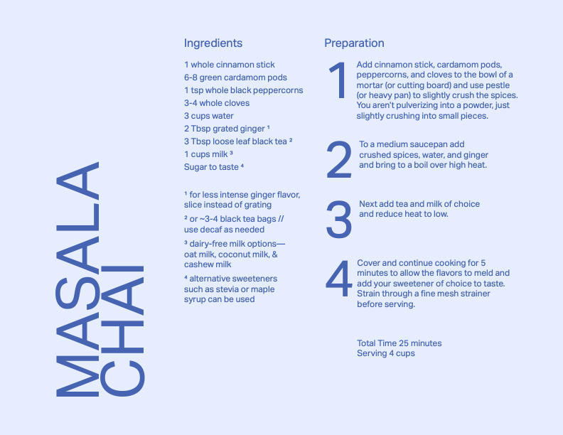 Recipe: Only use Aktiv Grotesk Regular or
Regular Italic. Use placement, alignment, leading and type size to denote hierarchy.