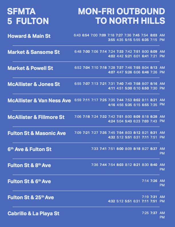 Bus Schedule: Use the Aktiv Grotesk family. Use placement, alignment, weight / style, leading, and type size to denote hierarchy.