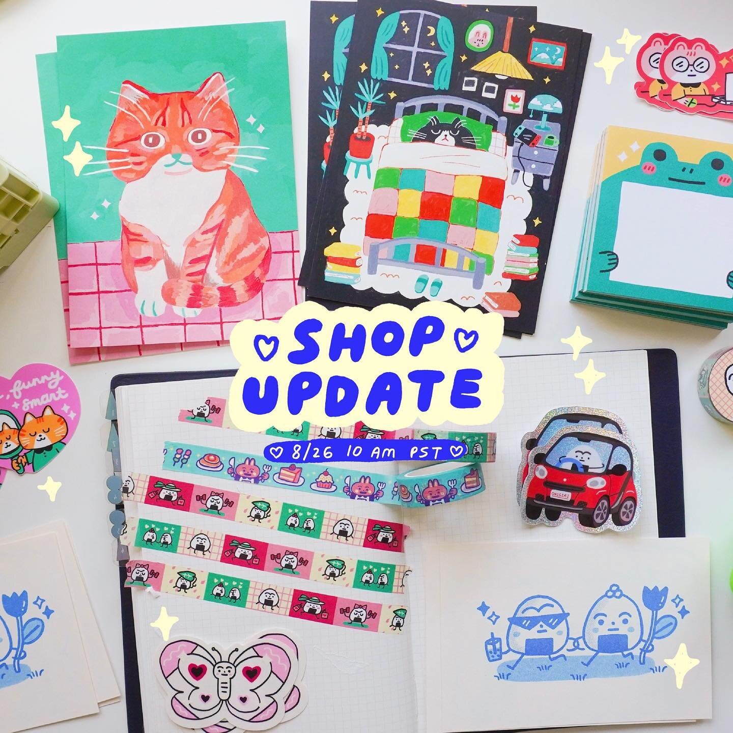 🍙 SHOP UPDATE ALERT!! 8/26 10 AM PST 🍙 

I&rsquo;m soooooo excited to share this new shop update!! I&rsquo;ve got a new t-shirt, a buuuunch of restocks (both tote bags are in), and loads of other new fun products like stickers and stationary stuff 