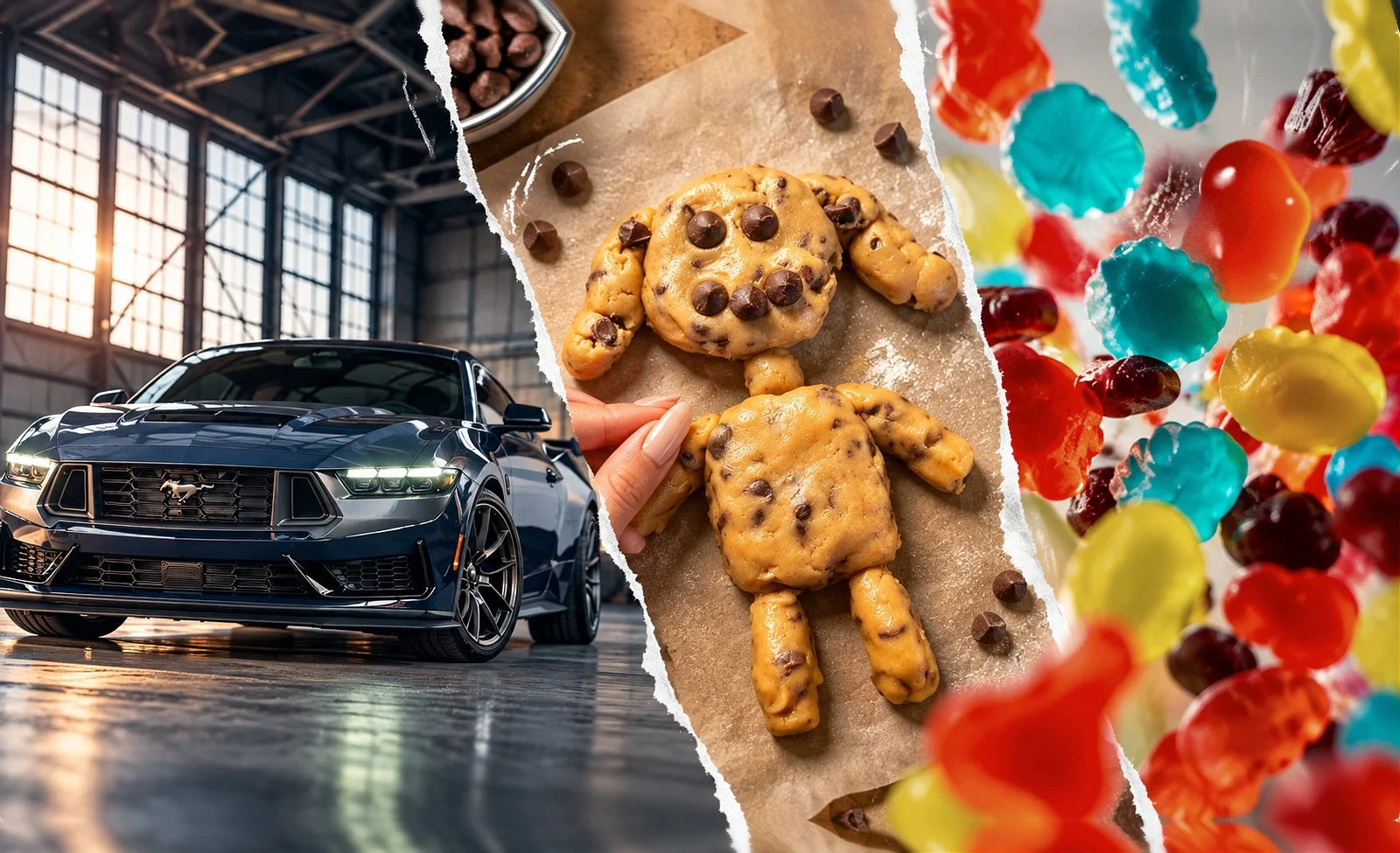 Organic social collage: a dark blue Ford Mustang in a hangar beside a cookie-dough character and colorful Jolly Rancher gummies.
