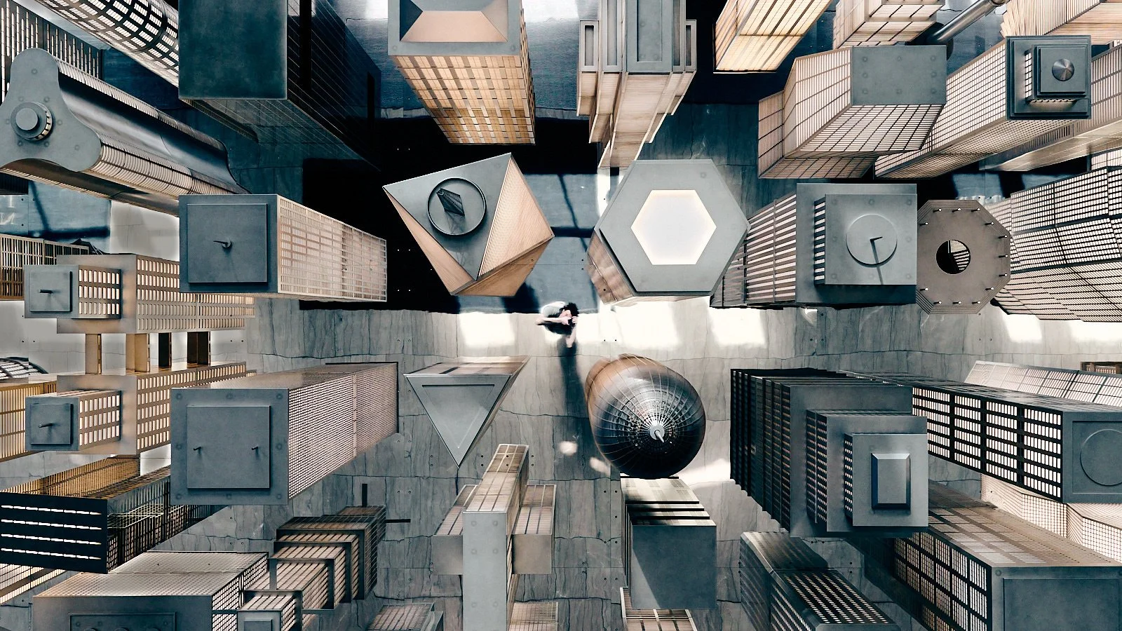 Kaleidoscopic upward view of city skyscrapers folding into geometric shapes, with the photographer as a small figure at the center.