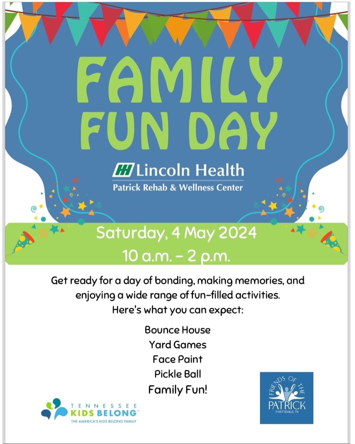 Join us for a Family Fun day at the Patrick Rehab &amp; Wellness Center!! This event is focused on giving local foster families a fun day! We are excited for this event and hope that you are as well! 

Please help us share the event!!