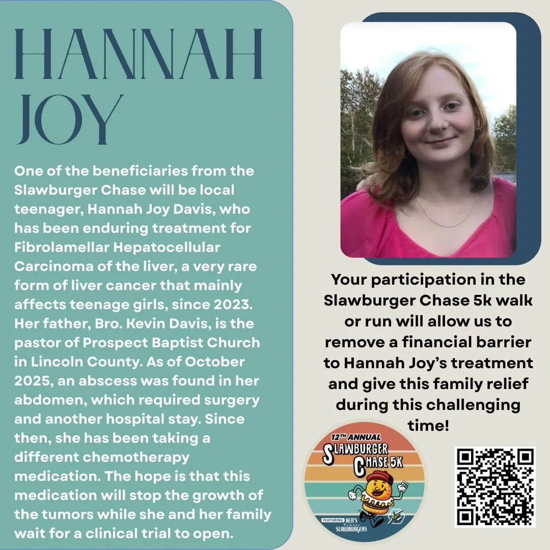 🍔Slawburger Chase 5k Announcment: Meet Hannah Joy Davis 🍔

One of the beneficiaries from the event will be a local teenager, Hannah Joy Davis, who has been enduring treatment for Fibrolamellar Hepatocellular Carcinoma of the liver, a very rare form