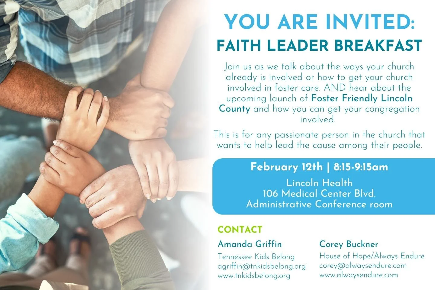 💙Calling all Lincoln County faith leaders!!

We would love for your pastor or a representative from your church to join us for our upcoming Faith Leader Breakfast on Thursday, February 12th, from 8:15 - 9:15 a.m. at Lincoln Medical&rsquo;s administr