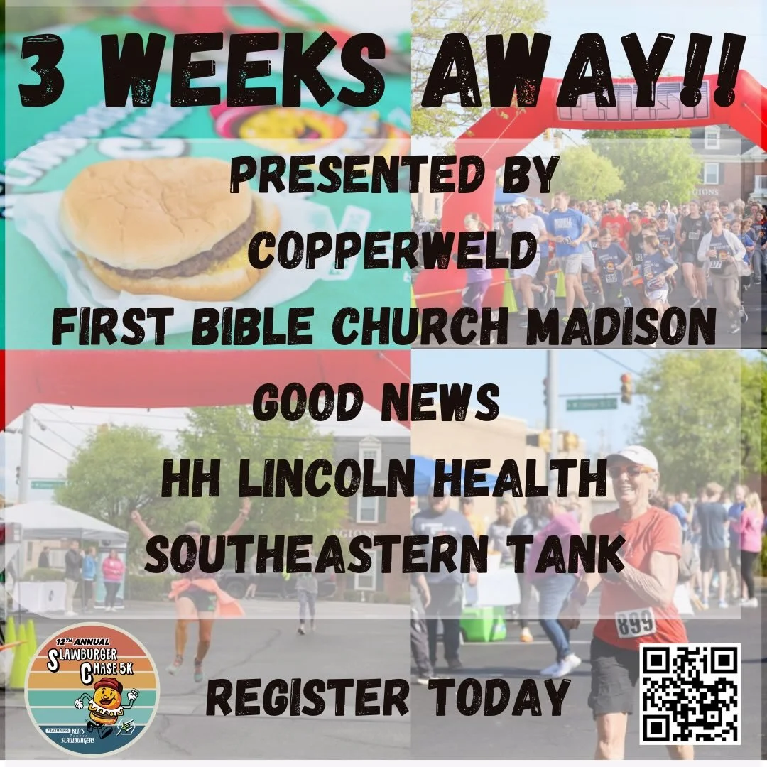 Thank you to our presenting sponsors!!

Copperweld
First Bible Church Madison
Good News 
HH Lincoln Health
Southeastern Tank

We are just 3 weeks away! Have you registered yet? You can register online today! 

🍔https://www.reg2run.com/index.php/even