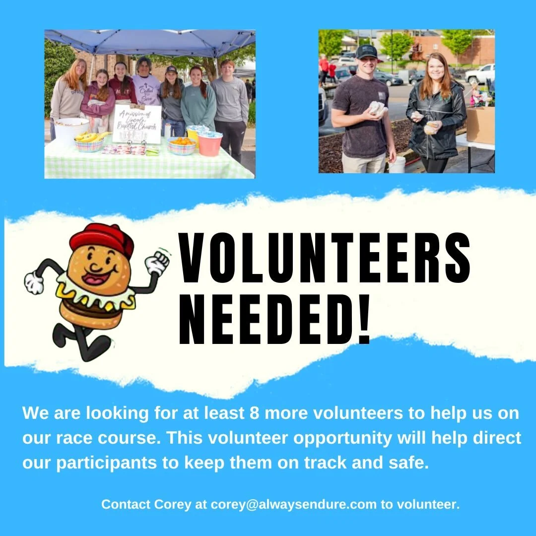VOLUNTEERS NEEDED❗️

We are in need of 8 more volunteers to help us out on the race course on the morning of April 18th. These volunteers will help direct participants along the course. If you are interested in helping please email Corey Buckner at c