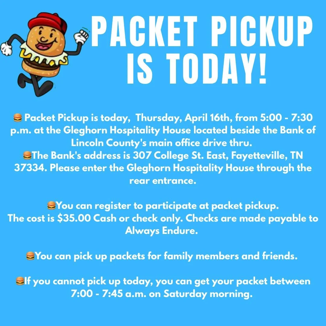 It&rsquo;s time for packet pickup! And yes, you can register tonight in person at packet pickup! 😊

🍔 Packet Pickup is today,  Thursday, April 16th, from 5:00 - 7:30 p.m. at the Gleghorn Hospitality House located beside the Bank of Lincoln County&r