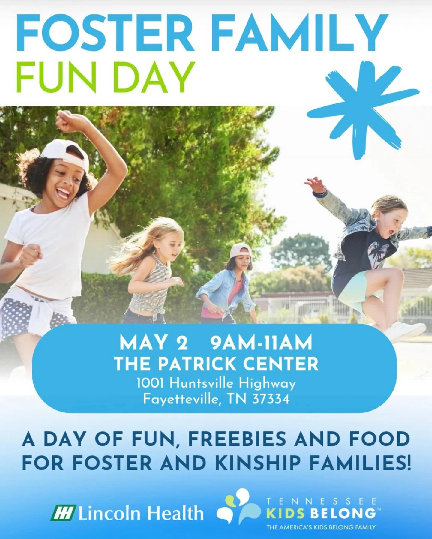 Attention all Foster and Kinship Families! Come join us Saturday for a family fun day at @patrick.rehab.wellness.center! We want to celebrate you and celebrate Lincoln County becoming a Foster Friendly Community through @tnkidsbelong!