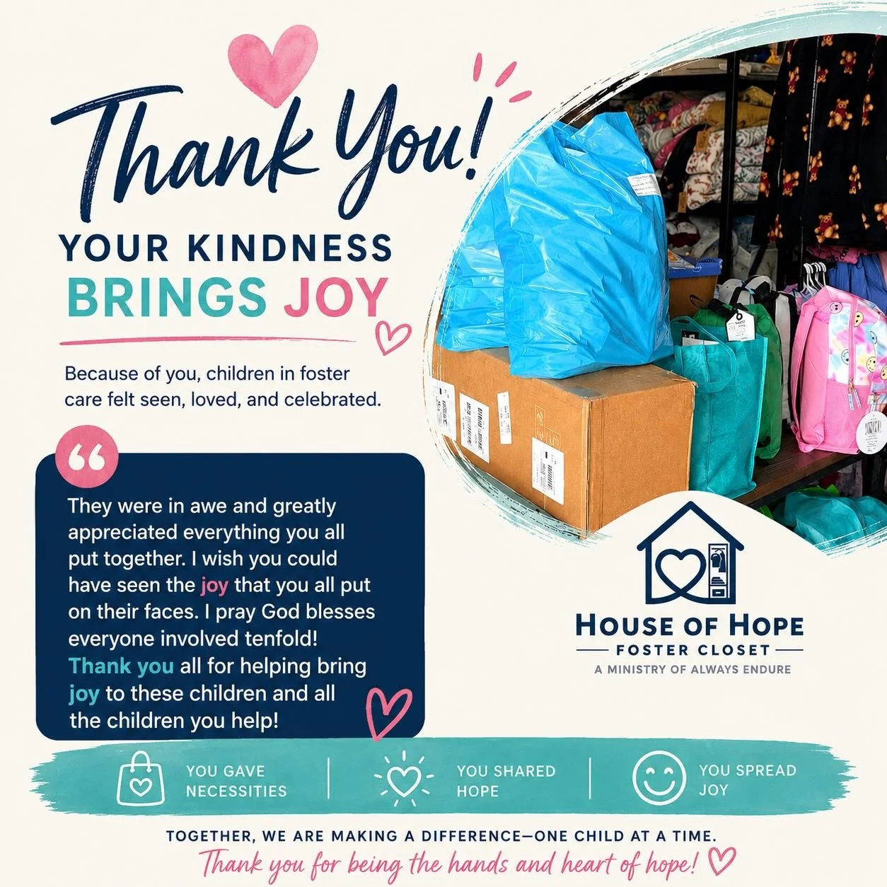 Thank you for your support! We assisted 2 Lincoln County foster families over the last week. 

One family we helped stock their pantry with snacks and foods that the children in care in their home liked. 

The other foster family, we provided clothes
