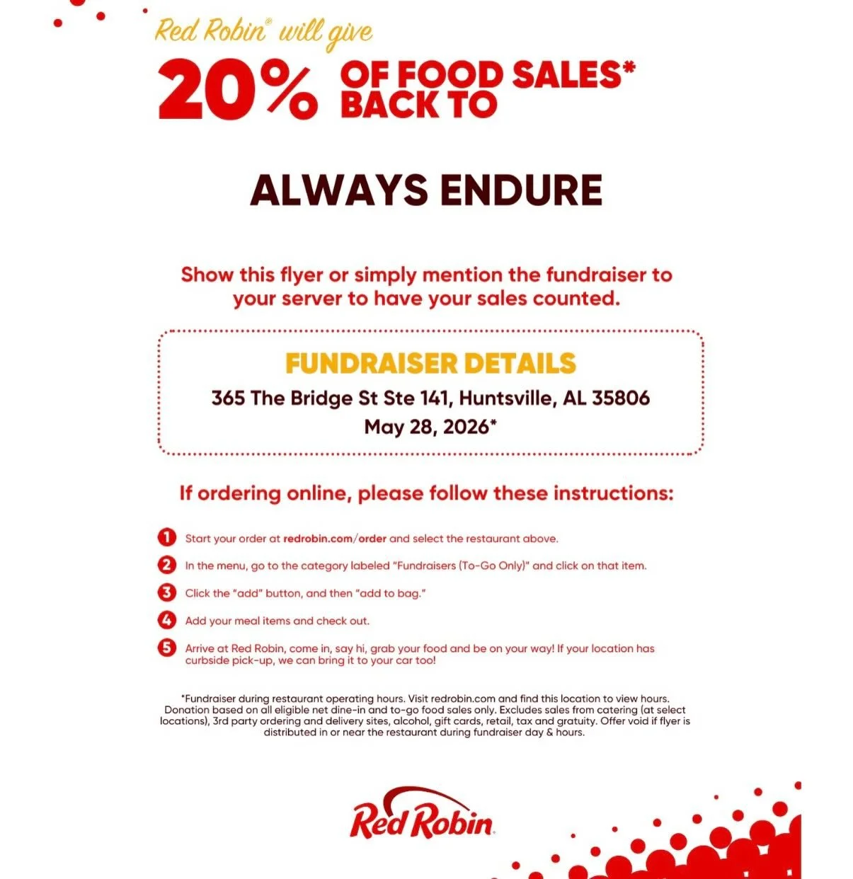 Thursday Night Dinner Plans ✅ 

Head on over to Red Robin at Bridgestreet for a yummy meal and to give back! 

Thank you Red Robin for supporting our mission to serve this community!