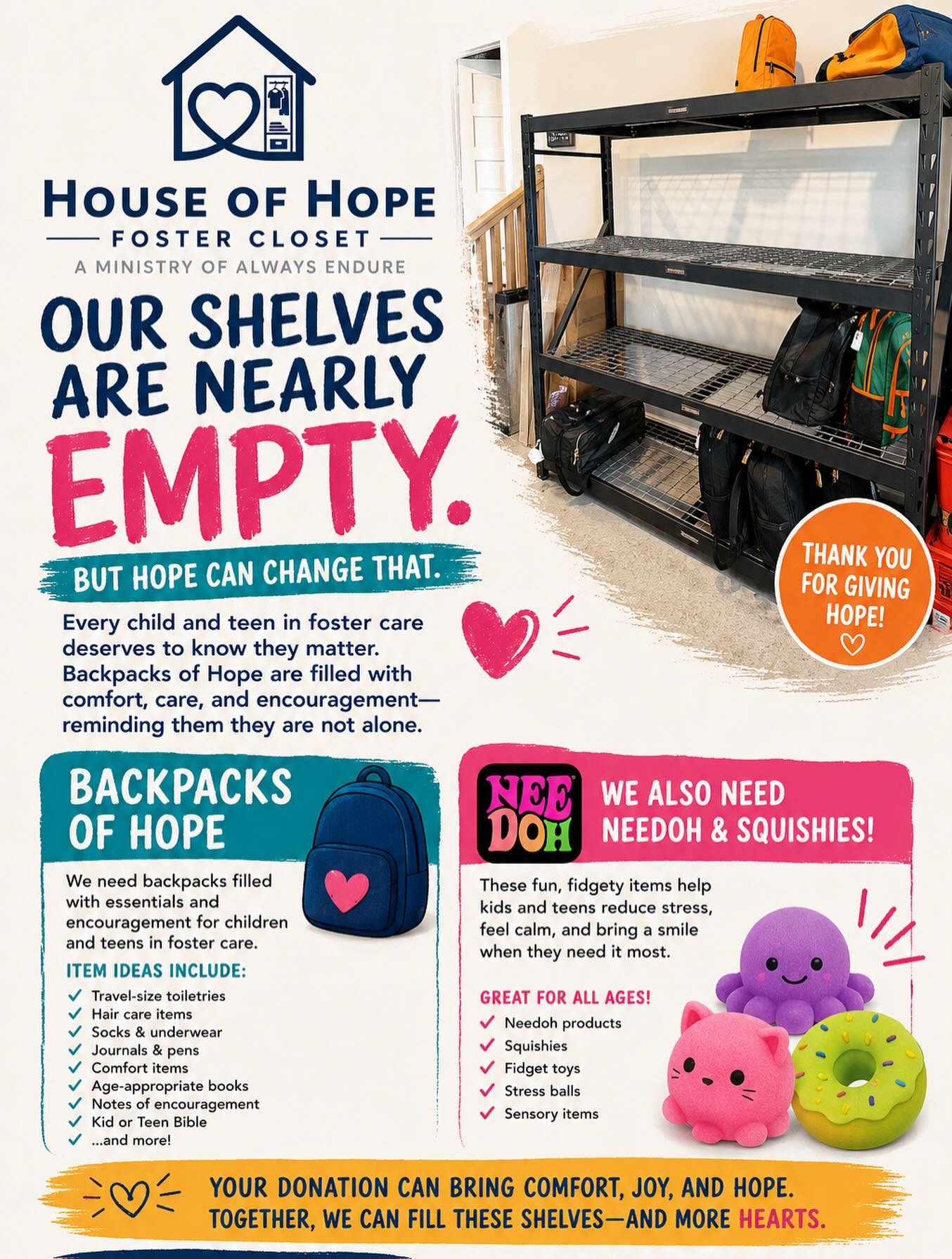 We have given out over 120 Backpacks of Hope through our Foster Closet this year! 

Because of the increase in need we are running low on filled backpacks! We NEED your help! This is a great summer project for your family or your small group to get i