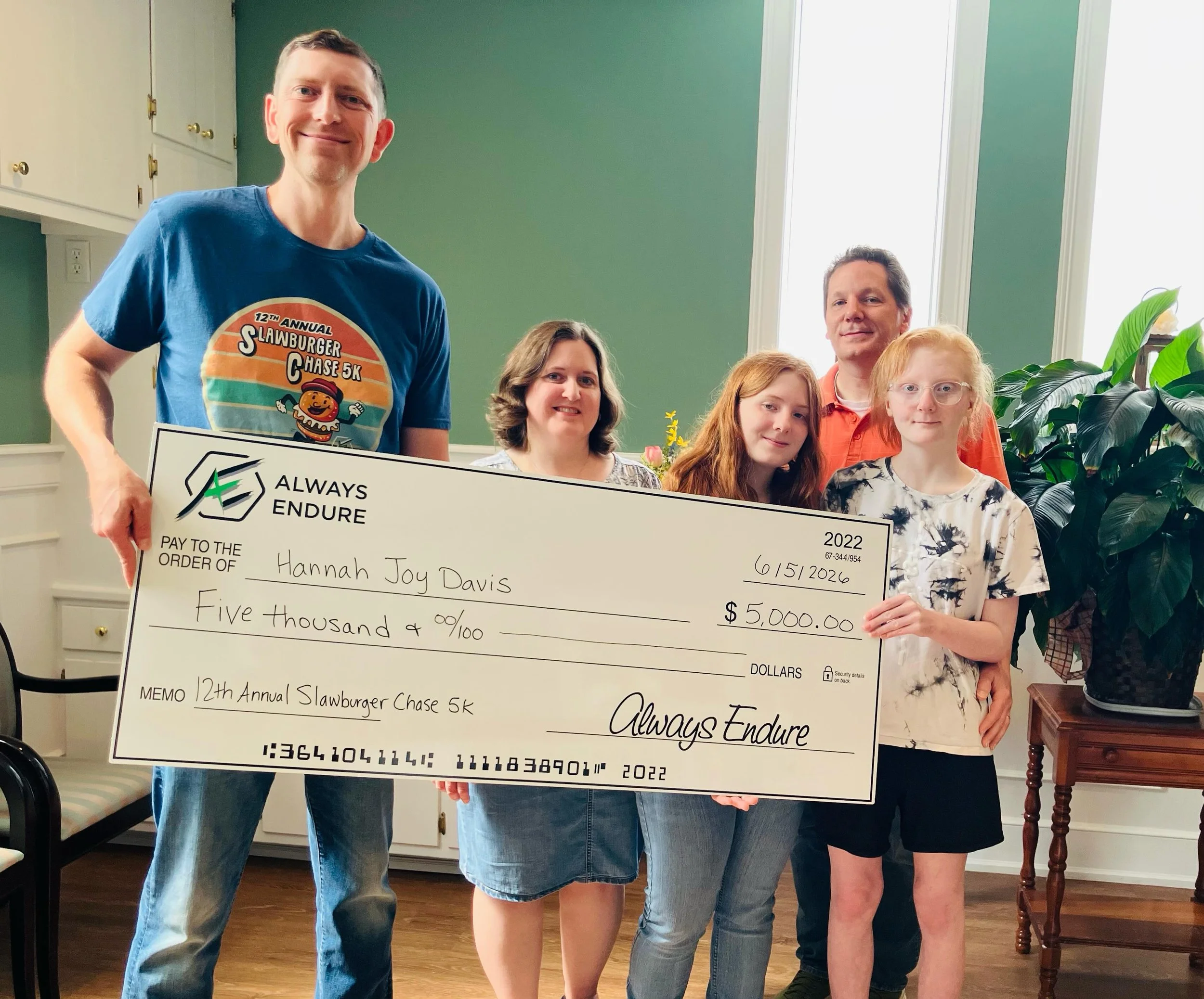 Today, we had the privilege of presenting a $5,000 Medical Aid Grant to Hannah Joy Davis, one of the beneficiaries of our Slawburger Chase 5K.

Hannah Joy has been courageously enduring treatment since 2023 for Fibrolamellar Hepatocellular Carcinoma,