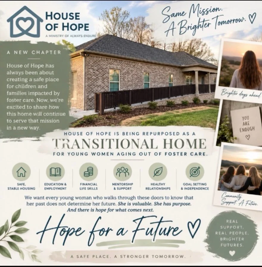 🏡 A NEW CHAPTER FOR HOUSE OF HOPE 

House of Hope has always been about creating a safe place for children and families impacted by foster care. And now, we&rsquo;re excited to share how this home will continue to serve that mission in a new way.

H