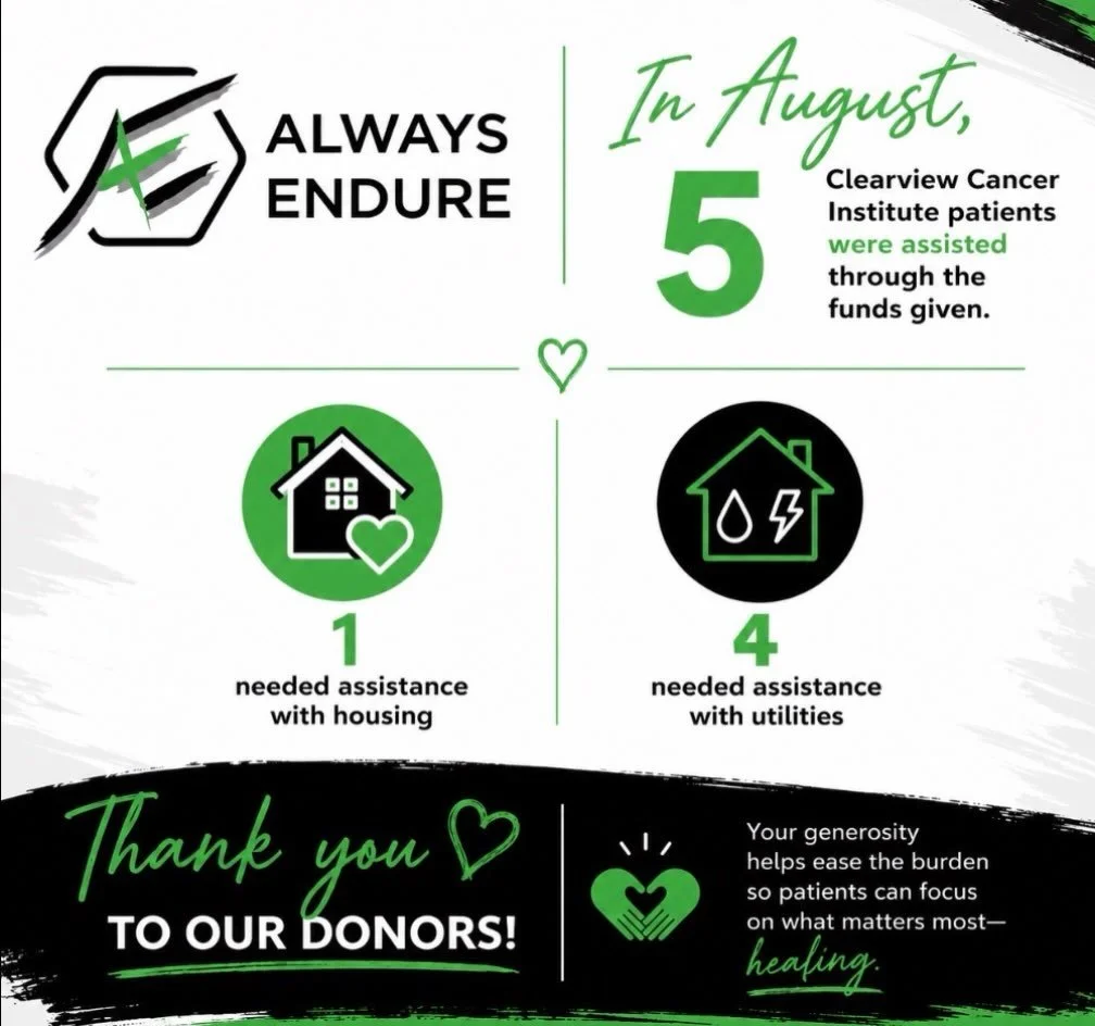 Because of your support, we were able to remove barriers to treatment for 5 Clearview Cancer Institute Patients!! We assisted one with housing assistance and four with utility bills! Thank you for making a difference!