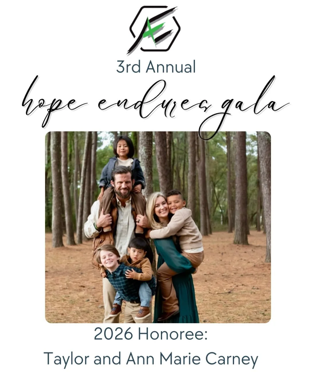 ✨ Meet our 3rd Annual Hope Endure&rsquo;s Gala Honoree&rsquo;s: Taylor and Ann Marie Carney✨

Taylor &amp; Ann Marie Carney met and graduated together from the University of North Alabama. They have been married for 11 years and have 4 boys together 