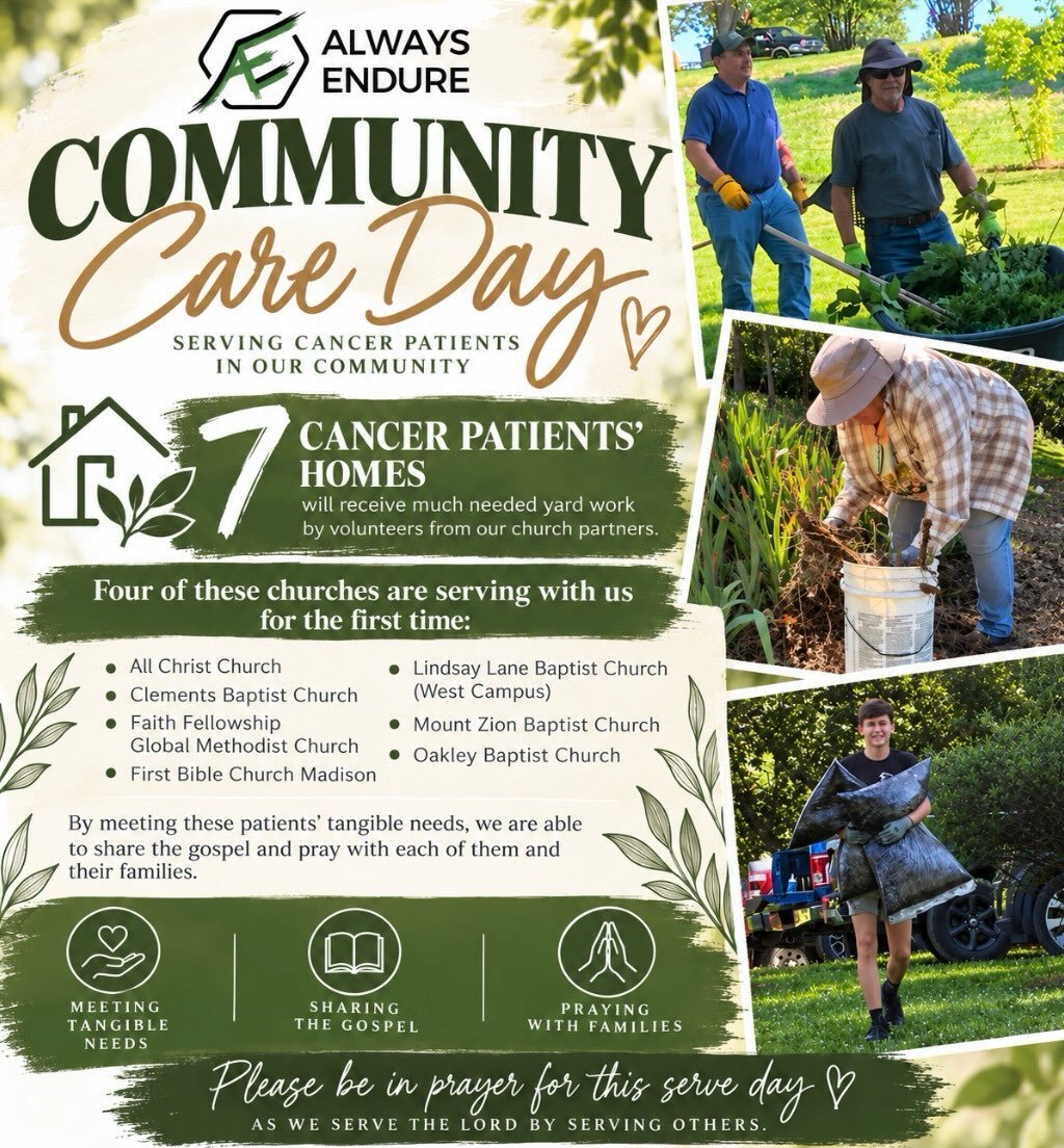 Today is our Community Care Day for cancer patients in Madison County and Limestone County (AL)! 

Much needed yard work will be completed at (7) cancer patients&rsquo; homes by volunteers from our church partners. Four of these churches are serving 