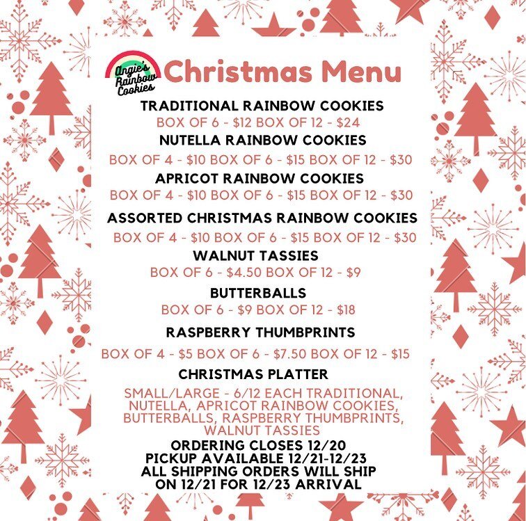 Christmas ordering opens tomorrow night (11/30) at 8pm! 

Pickup in Lewis Center as well as nationwide shipping available!

All holiday rainbow cookies will be available 12/3 at @budddairyfoodhall, 12/4 at @germanvillagemakersmarket and 12/9 at @sain