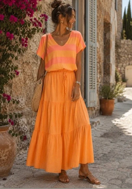 JUPE LONGUE EN VOILE DE COTON DOUBLEE ORANGE