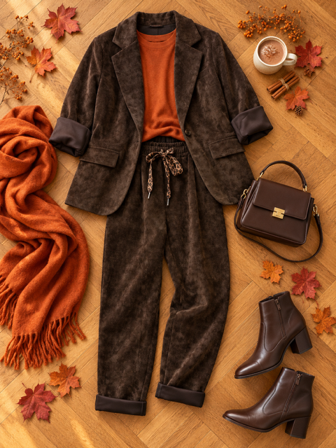 COMBO PANTALON ET BLAZER EN VELOUR LISSE CHOCO
