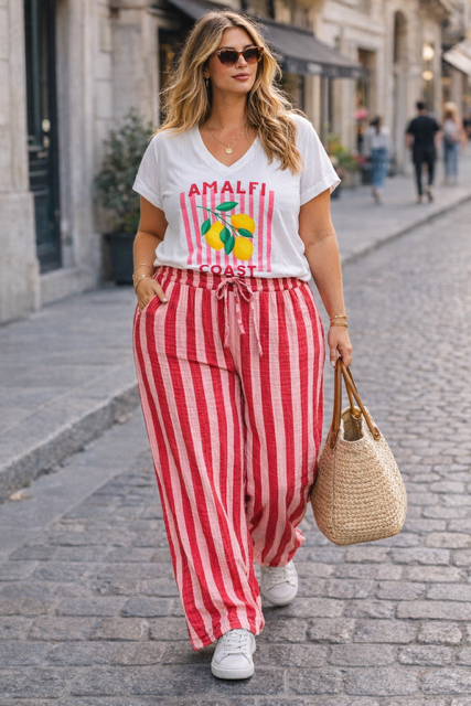 PANTALON EN GAZE DE COTON RAYURES ROUGES GRANDE TAILLE