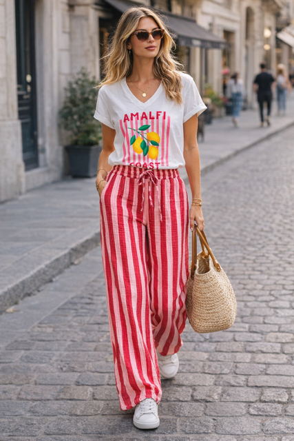 PANTALON EN GAZE DE COTON RAYURES ROUGES